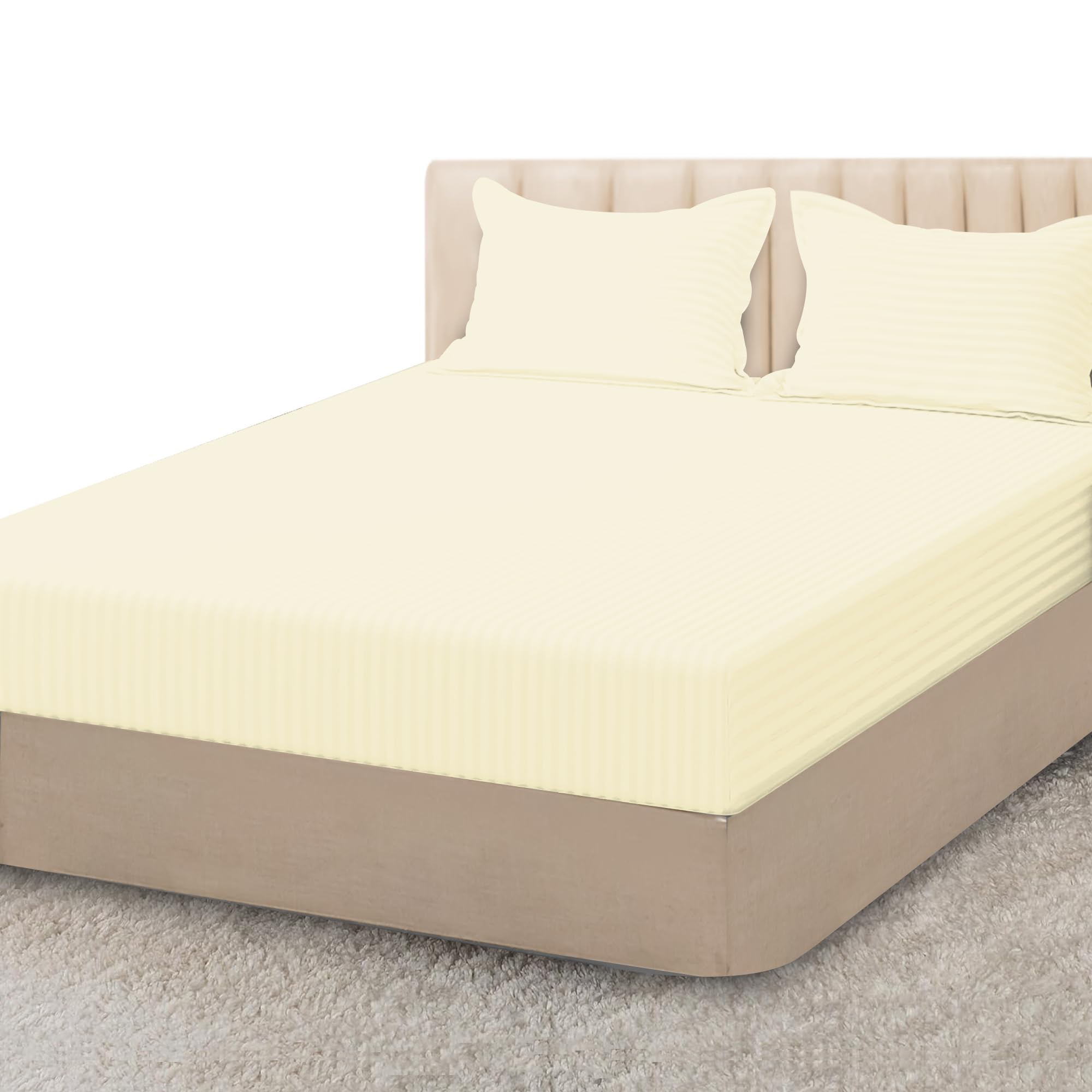 Sunshine Comforts Satin stripe Fitted Sheets Super King Size Breathable, Anti Wrinkle 25cm Deep Pocket Bed Sheets Cream Bedding & Linen 183 X 200 CM Super King Fitted Sheet โ image 1