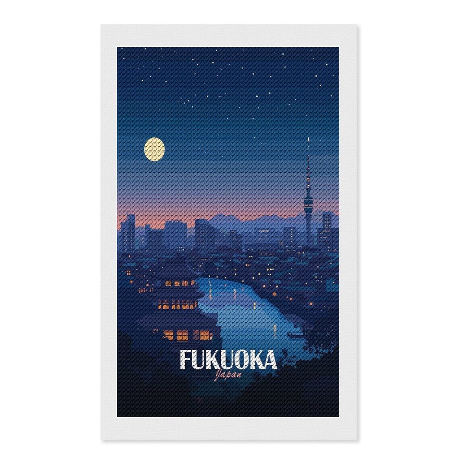 Junmoney Fukuoka Japan Night Cityscape Illustration Diamond Painting Kit 12"x20", Thoughtful Handmade Gift, for Creative Relaxation, Printed Canvas, Cosy Home Accent