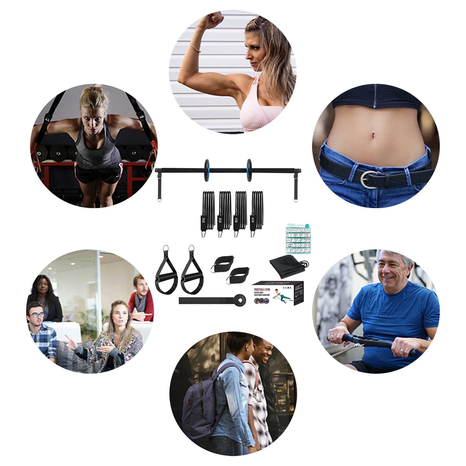 Kit de barra de Pilates con bandas de resistencia,Kit de barra de Pilates para mujer,Barra de entrenamiento en casa con bandas de resistencia - Kit portátil de de ejercicio para Pilates, multifunciona
