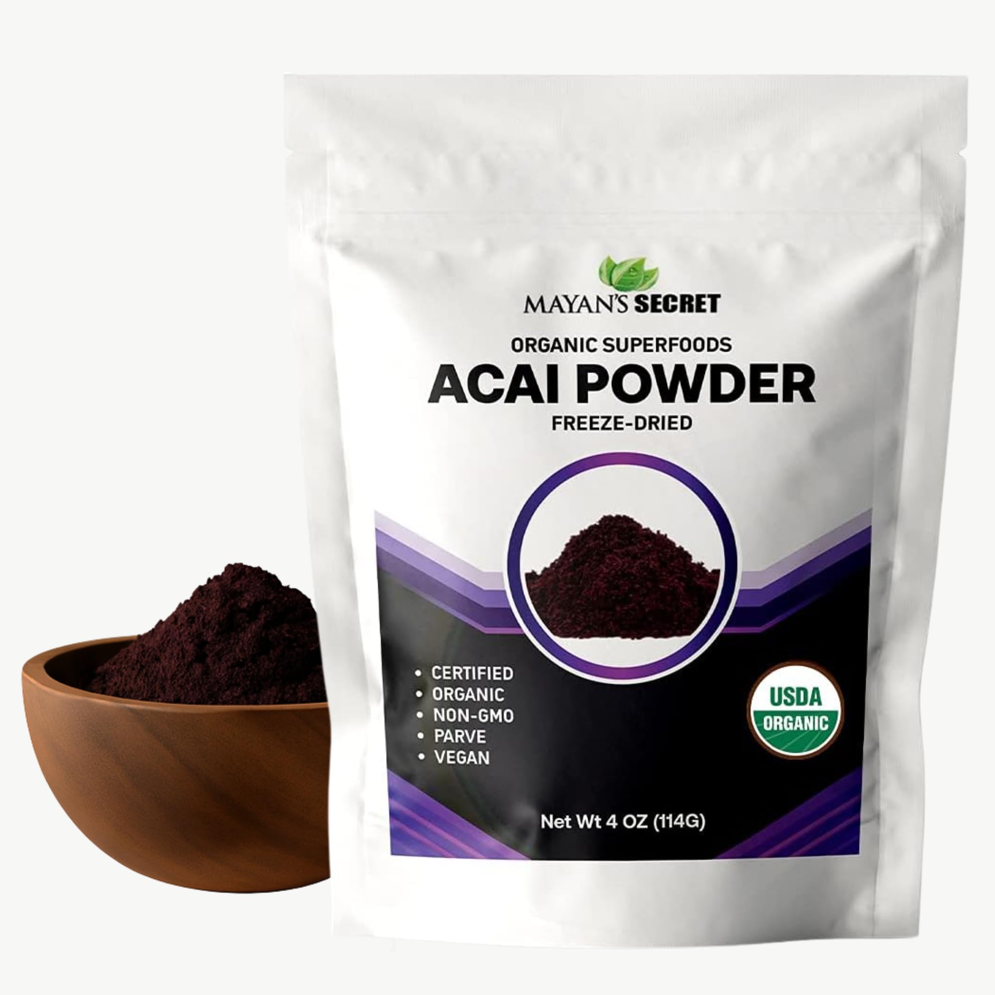 Mayan's Secret - Organic Acai Powder Freeze-Dried - 4oz (114g) | Perfect for Smoothies, Bowls, Desserts & Beverages Superfood Antioxidant, Non-GMO, Vegan, Raw, USDA Organic Omega Fats