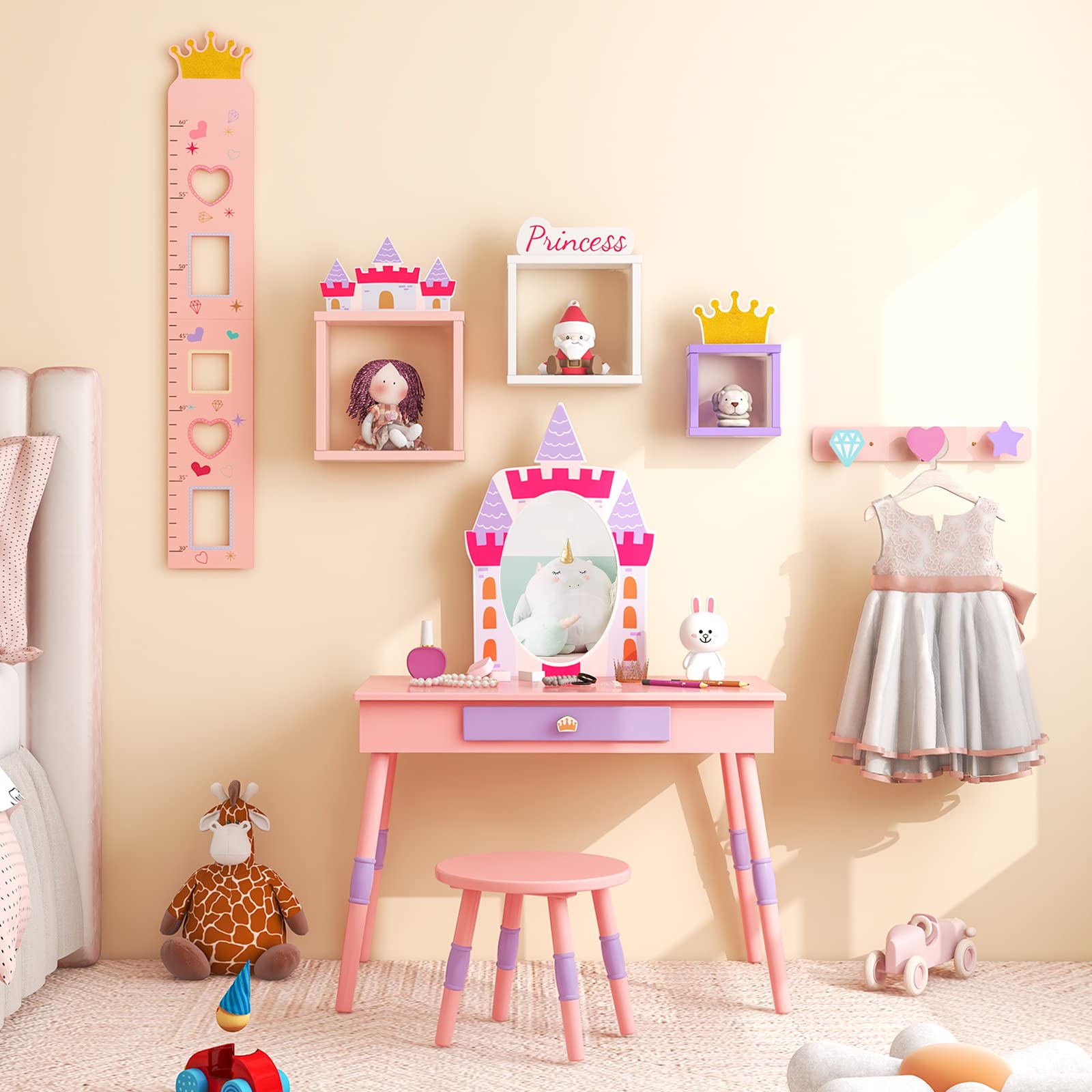 COSTWAY 2 in 1 Toeletta Trucco per Bambina 3+ Anni, Postazione Trucco per Ragazza in Legno con Sgabello e Cassetto e Accessori, 74 x 39 x 101 cm, Rosa
