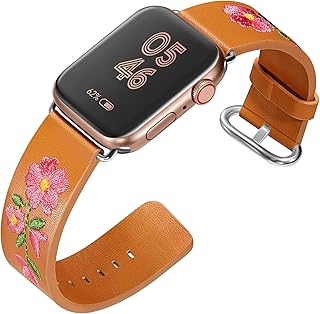 FENICHI Leather Watch Bands for Apple Watch 44mm 38mm 40mm 41mm 42mm 45mm 49mm Personality Embroidery Elegant Wristbands For iWatch Series 8 7 6 5 4 3 2 1 se Ultra Band Women Girl Lady