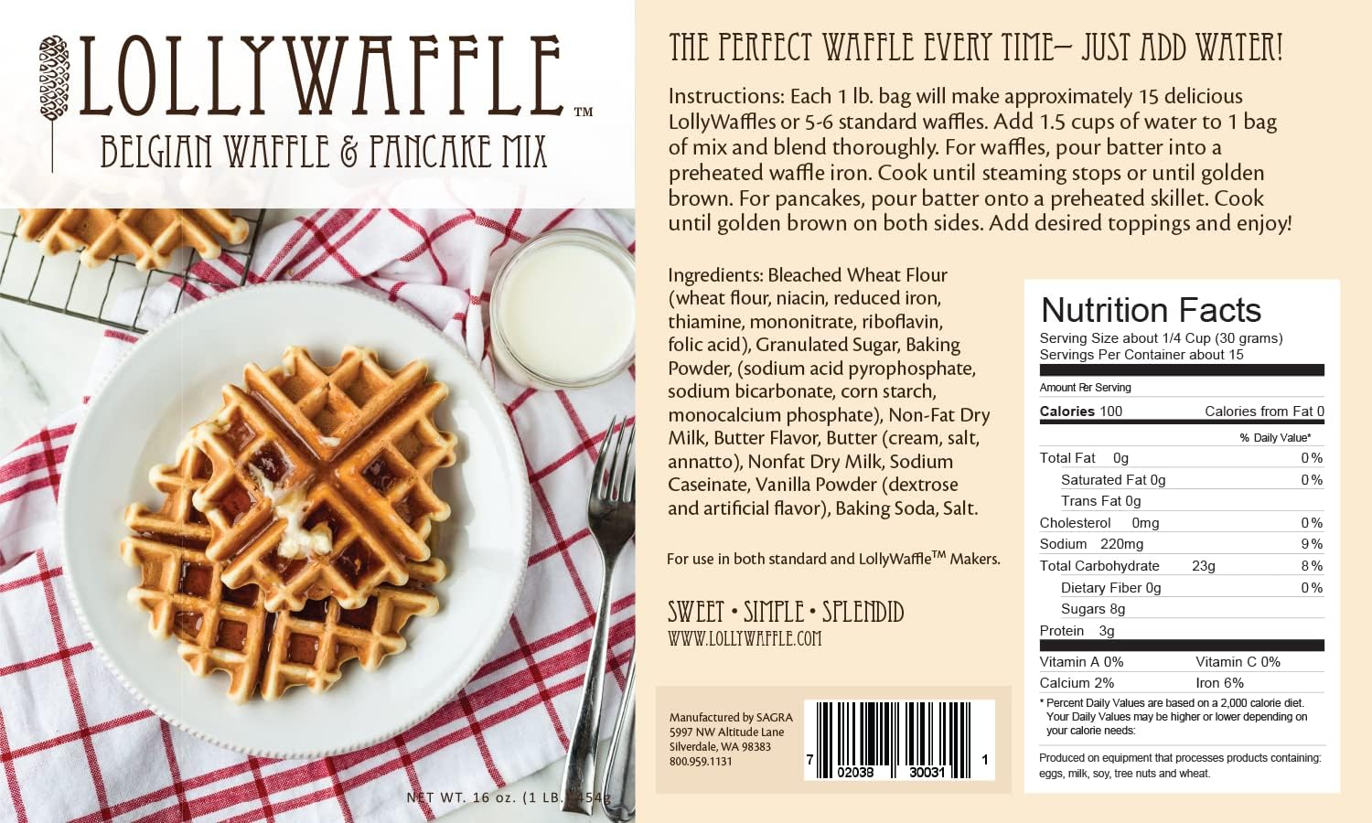 LollyWaffle® Belgian Waffle Mix, 2 Lbs. (32 ounces) Waffle Mix
