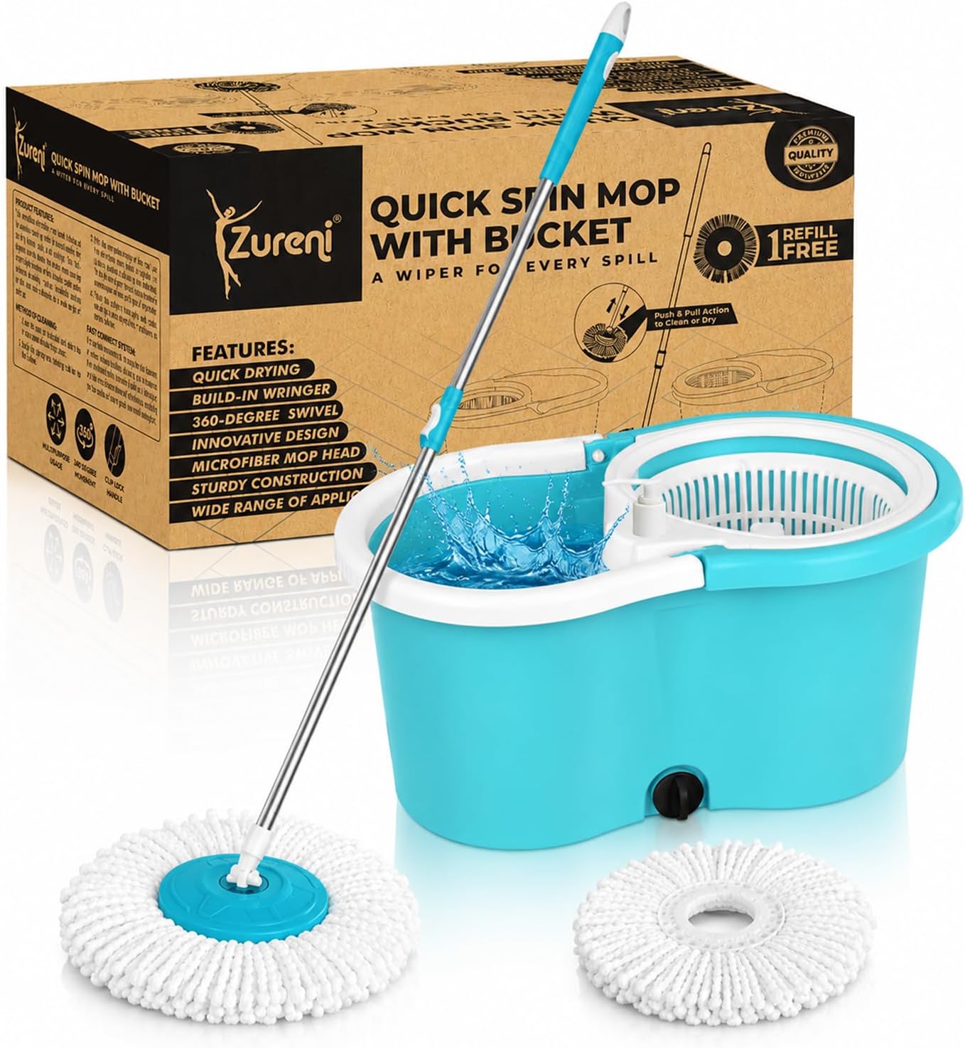 Zureni Bucket Quick Spin Mop with 2 Microfiber Wet Dry Mophead Floor Cleaning pocha Extendable Handle Removable Wringer 360° Tiles Cleaner Mopping Set (Random Colour)