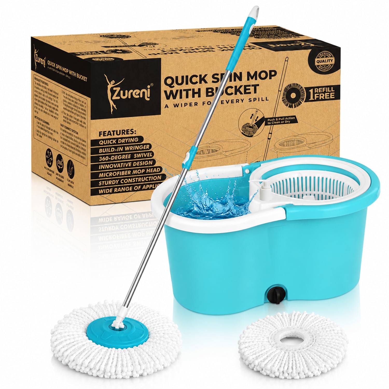 Zureni Bucket Quick Spin Mop with 2 Microfiber Wet Dry Mophead Floor Cleaning pocha Extendable Handle Removable Wringer 360° Floor Cleaner Mopping Set (Random Colour)-picture-12