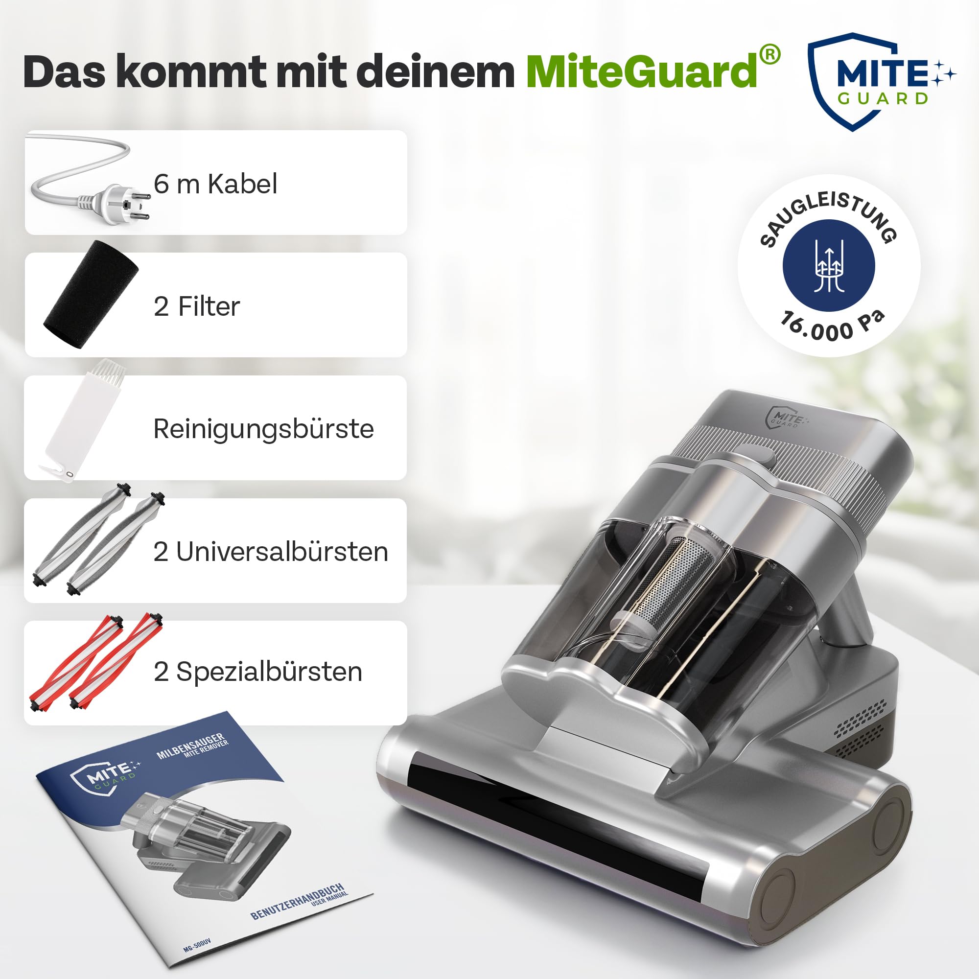 Miteguard Aspiratore per materassi e imbottiture con 2 spazzole speciali – Luce UV, dispositivo ad ultrasuoni & aria calda a 60 °C, detergente per materassi, tettarella contro acari della polvere