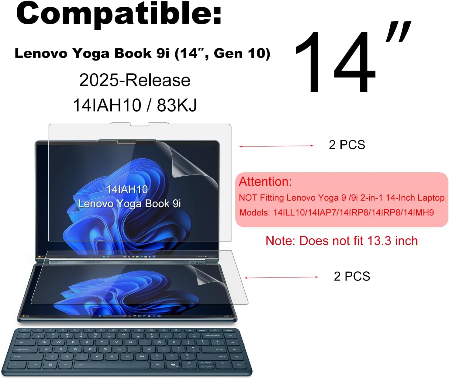 KEANBOLL 4 Pack Anti Glare (Matte) Screen Protector for 2025 New Lenovo Yoga Book 9i Dual 14-Inch Touchscreen Laptop (Models:14IAH10), 2 Sets - Primary and Secondary Screens