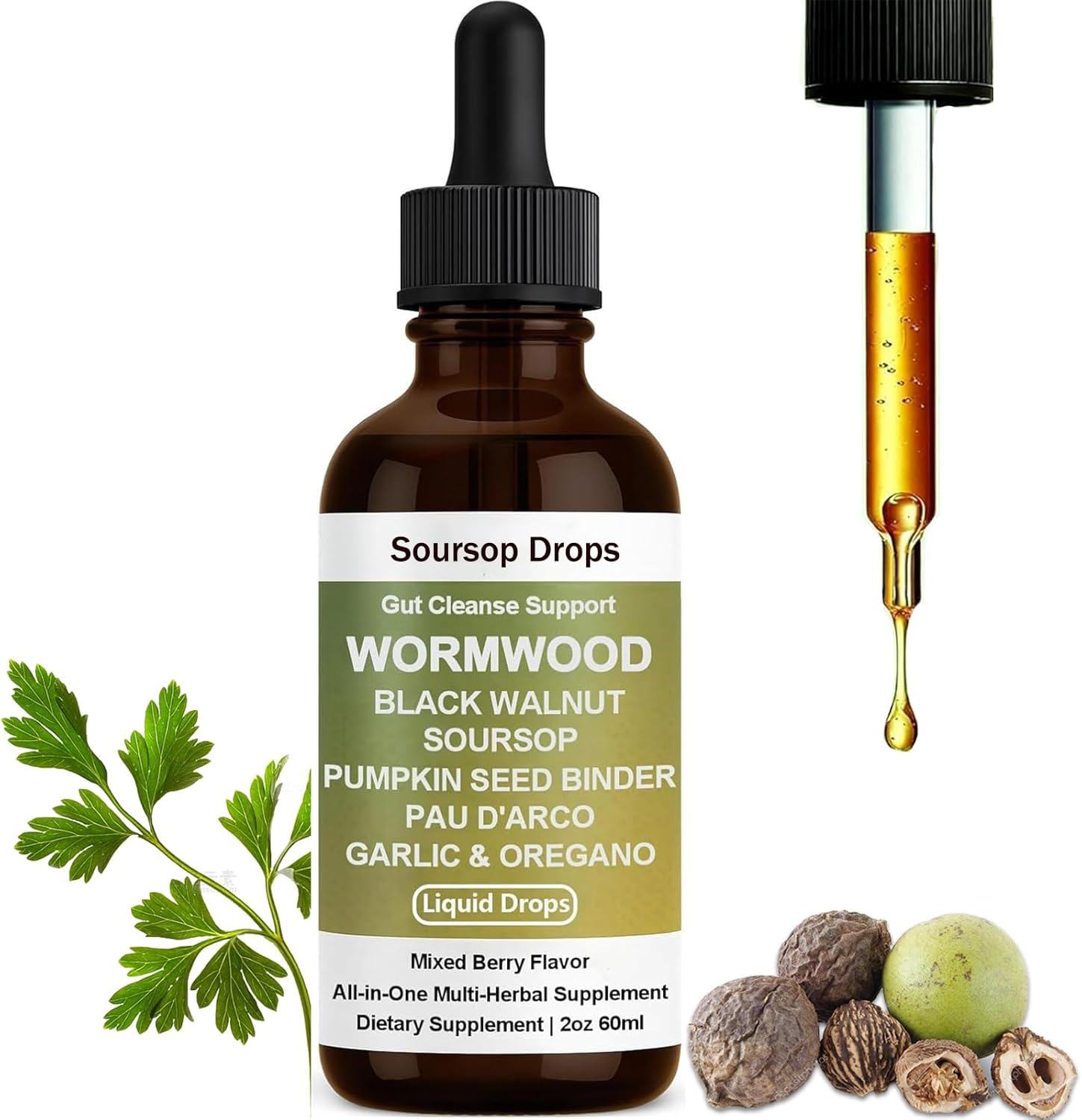 60ML Organic Wormwood Black Walnut Clove Gut Cleanser, with Soursop, Pumpkin Seed,Garlic, Boosts Energy, Gut Health & Absorption for Women & Men (1pcs)