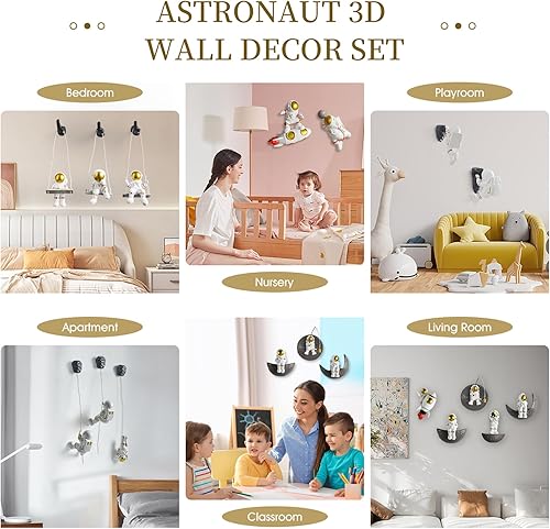 Miniatura 5 de Decoración de astronauta 3D para pared, juego de 5 decoraciones temáticas del espacio exterior, esculturas de pared de astronauta, decoración de