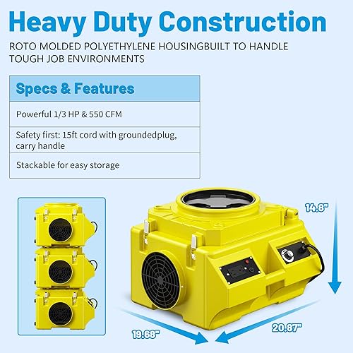 Miniatura 3 de Depurador de aire con filtración de 3 etapas, depurador de aire HEPA de 550 CFM de grado industrial comercial, limpiador de aire resistente con
