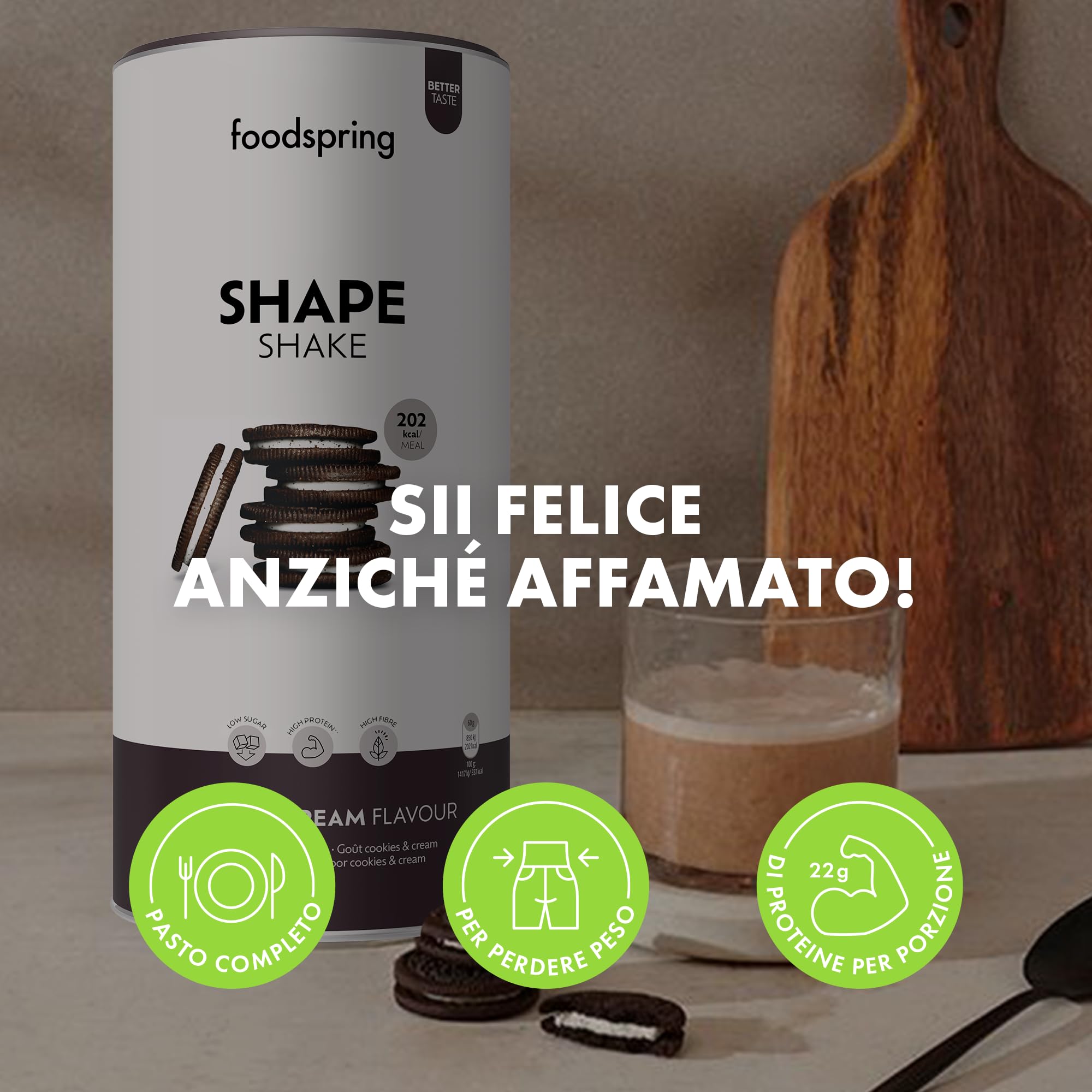 foodspring Shape Shake Cookies & Cream - Sostituto pasto completo per il controllo del peso con proteine di prima qualità, 202 kcal per porzione, senza glutine - nuova formula (900g)