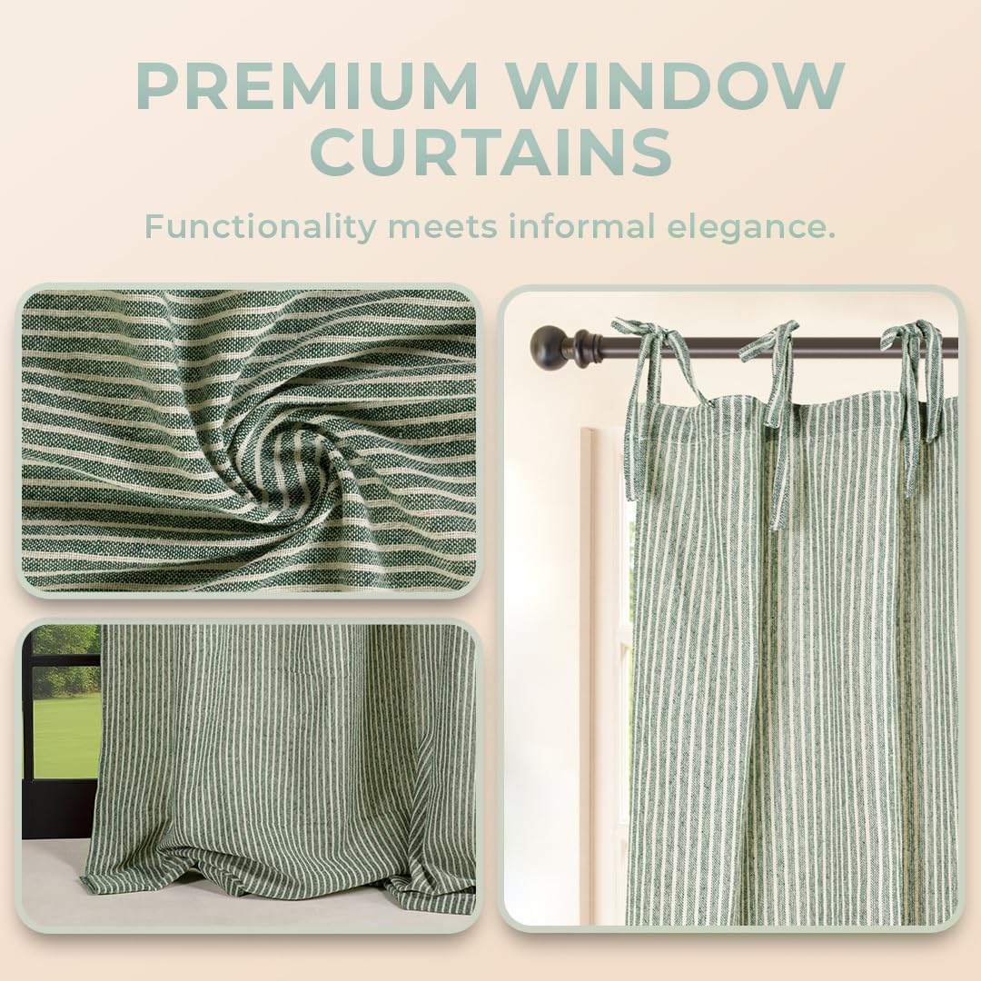 THE ART BOX Gauze Striped Curtains, Boho Linen Gauze Tie Top Hanging Curtains 2 Panel Set, Light Filtering Door Window for Bedroom/Living Room Home Décor Green on White (L96”xW42” Each Panel)