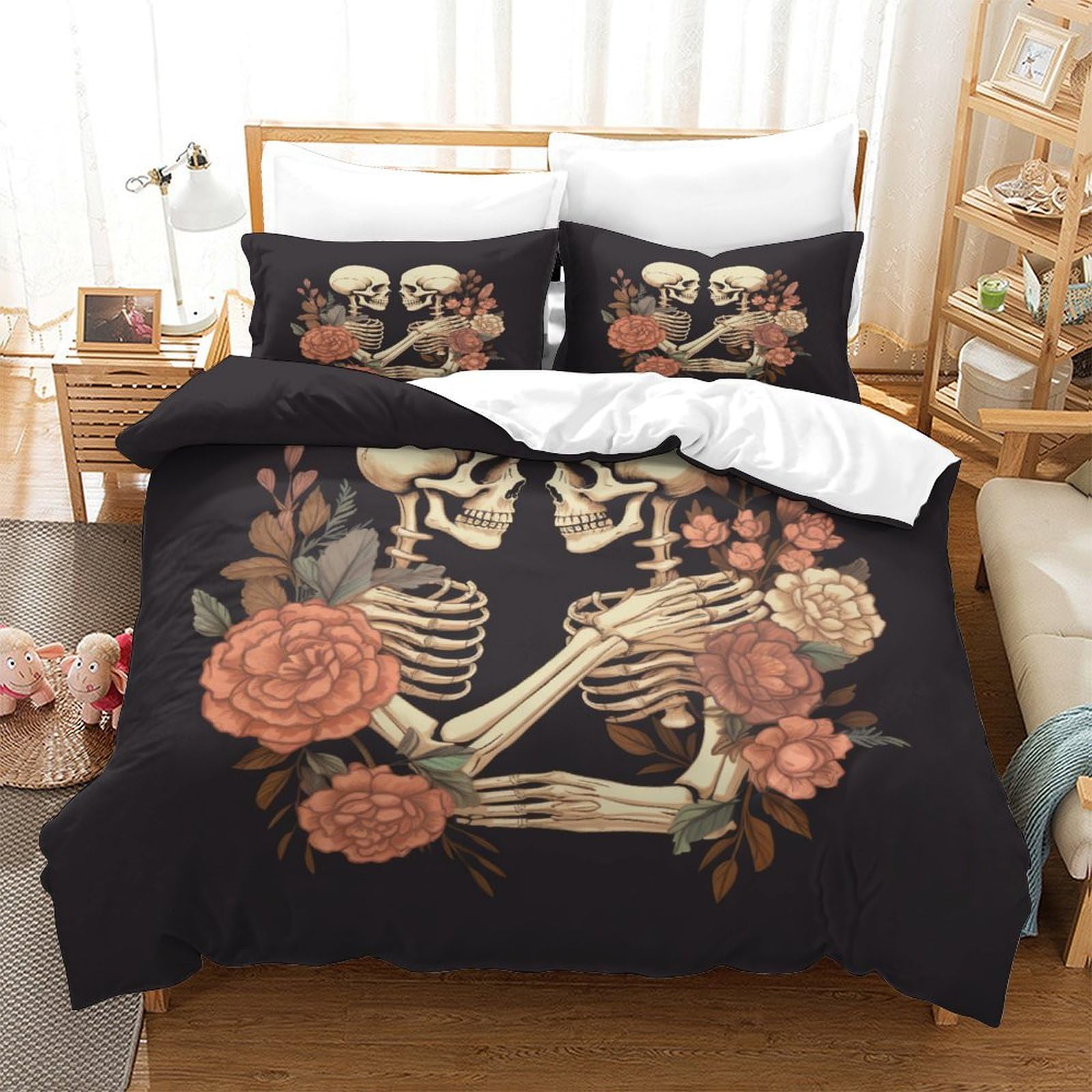 P1S9U7W5Y 3D Printed Skeleton Floral Duvet Cover Set 3pcs Microfiber Artistic Bedding Set Double