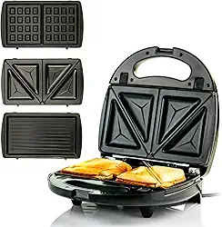 OVENTE Sanduicheira elétrica 3 em 1, grelha de prensa Panini e conjunto de ferro de waffle com pratos antiaderentes removíveis, perfeita para cozinhar queijo grelhado, atum derretido, hambúrgueres, bifes e lanches, preto GPI302B