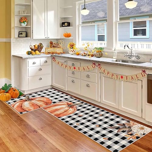 Miniatura 5 de Juego de 2 alfombras de cocina de otoño con diseño de calabaza, antifatiga, antideslizantes, cómodas, para el suelo, juego de alfombras de cocina