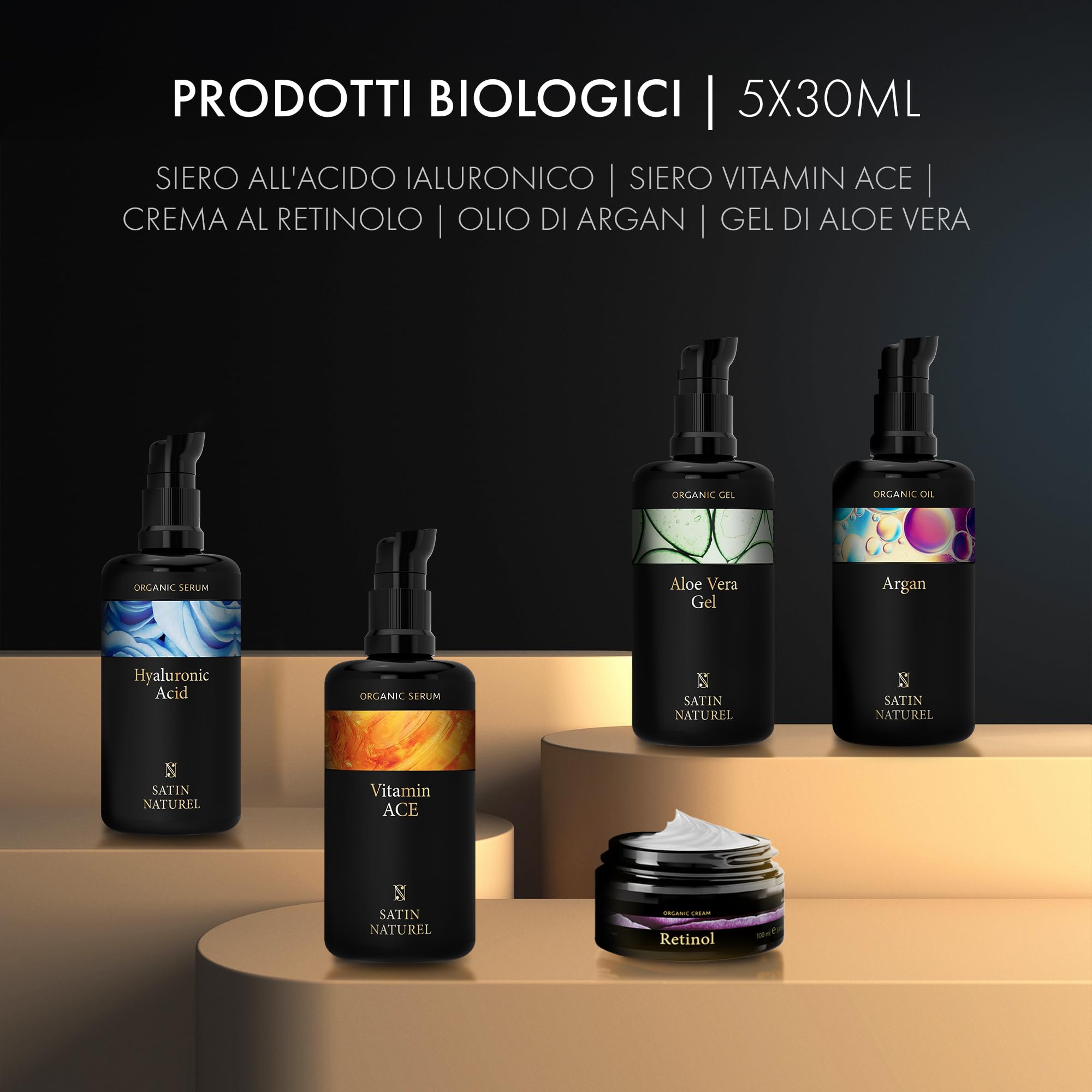 Satin Naturel Set Regalo per Donna – Routine Skincare 5x30 ml con Gel di Aloe Vera, Olio di Argan, Siero Vitamina C, Siero Acido Ialuronico & Crema Retinolo – Vegano in Confezione Regalo di Lusso