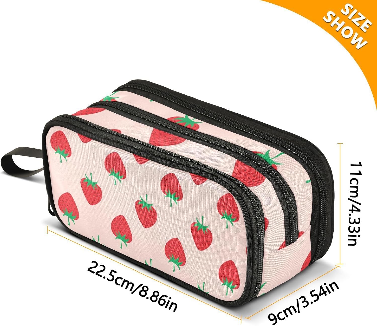 Pencil Case Big Capacity Strawberry Fruit Handheld 3 Compartments Pencil Pouch Portable Large Storage Canvas Pencil Bag for Boys Girls Adults Students - Image 3