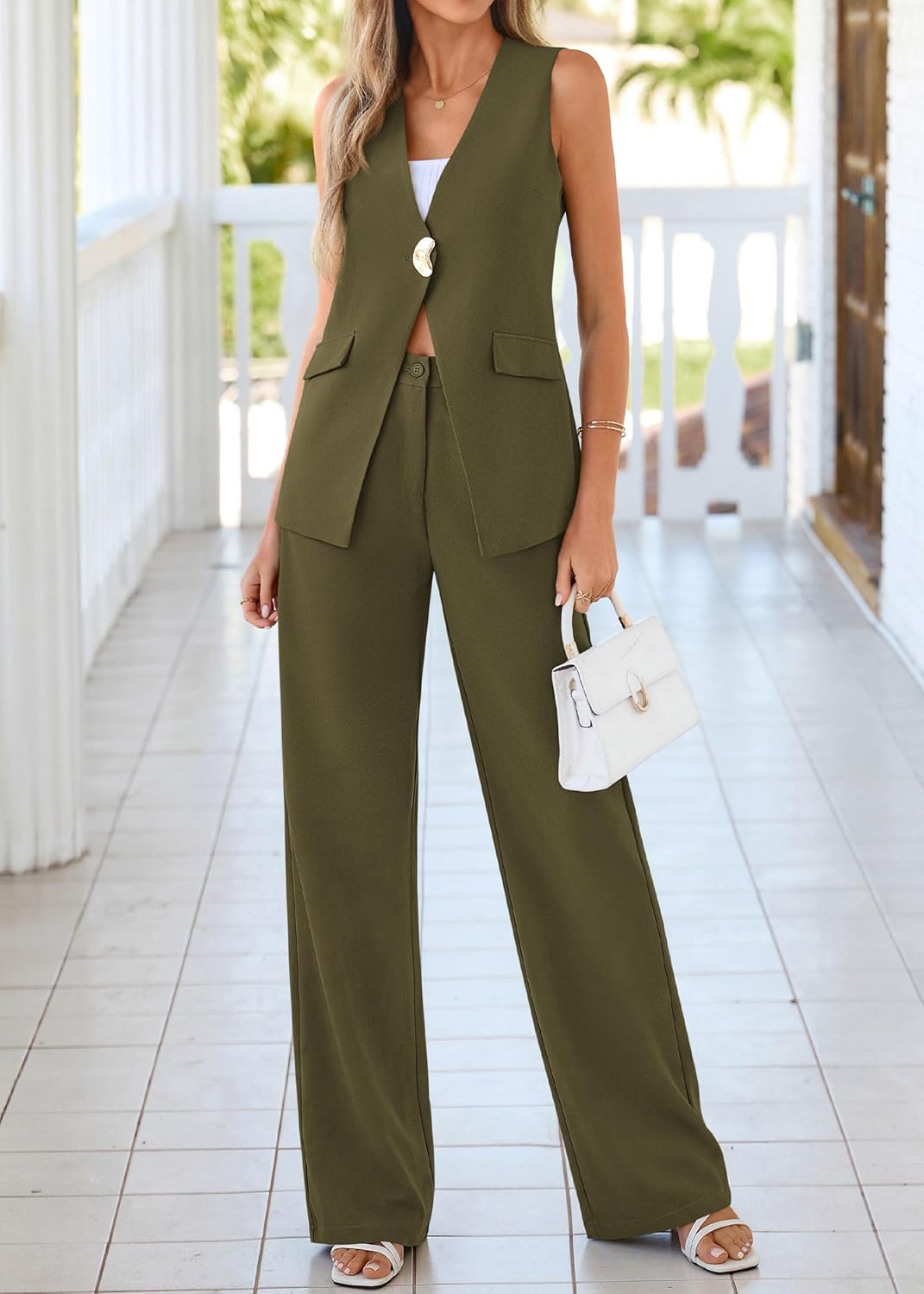 KIRUNDO Pant Suits for Women Dressy 2 Piece Sets Sleeveless Blazer Vest Wide Leg Matching Pantsuit Business Casual Outfits - Image 8