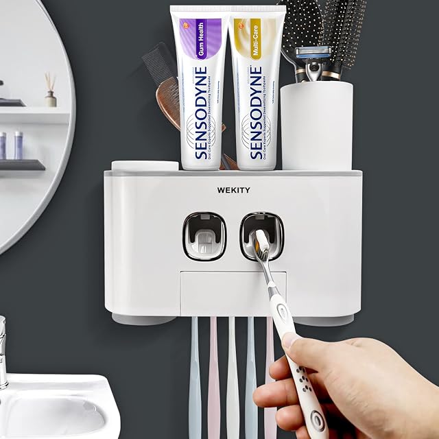 WEKITY Toothbrush Holder Wall Mounted, Multifunctional Automatic Toothbrush and Toothpaste Squeezer Kit with 4 Cups, 5 Toothbrush Slots and 2 Toothpaste Dispenser, Easy Install