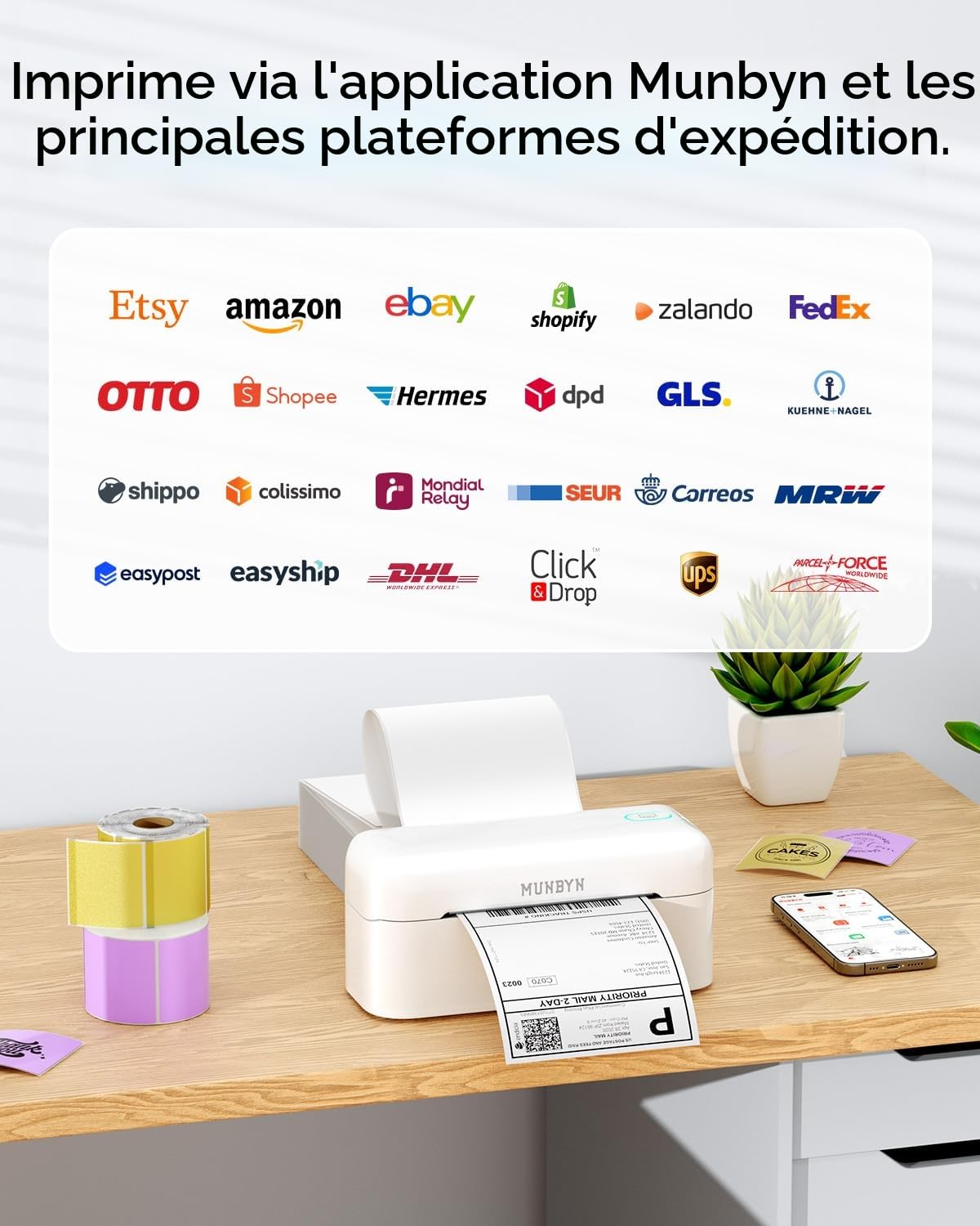 MUNBYN Imprimante Étiquettes Thermique Bluetooth 402B, Technologie Impressions Précises, Compatible Amazon, Shopify, La Poste, Colissimo, Mondial Relay, Relais Colis, Blanc