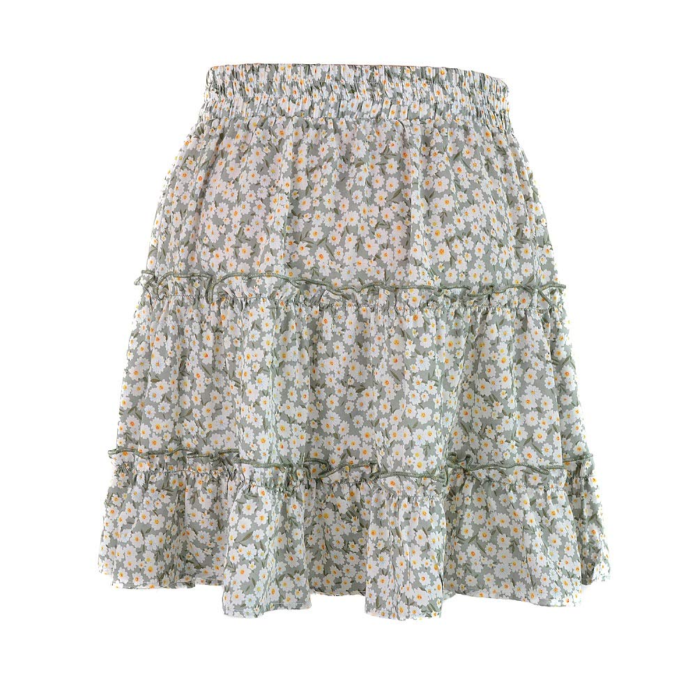 Mini Gonna da Donna, Estiva, con Volant, a Vita Alta, per Spiaggia, Boho Floreale, a Pois - Verde - XL