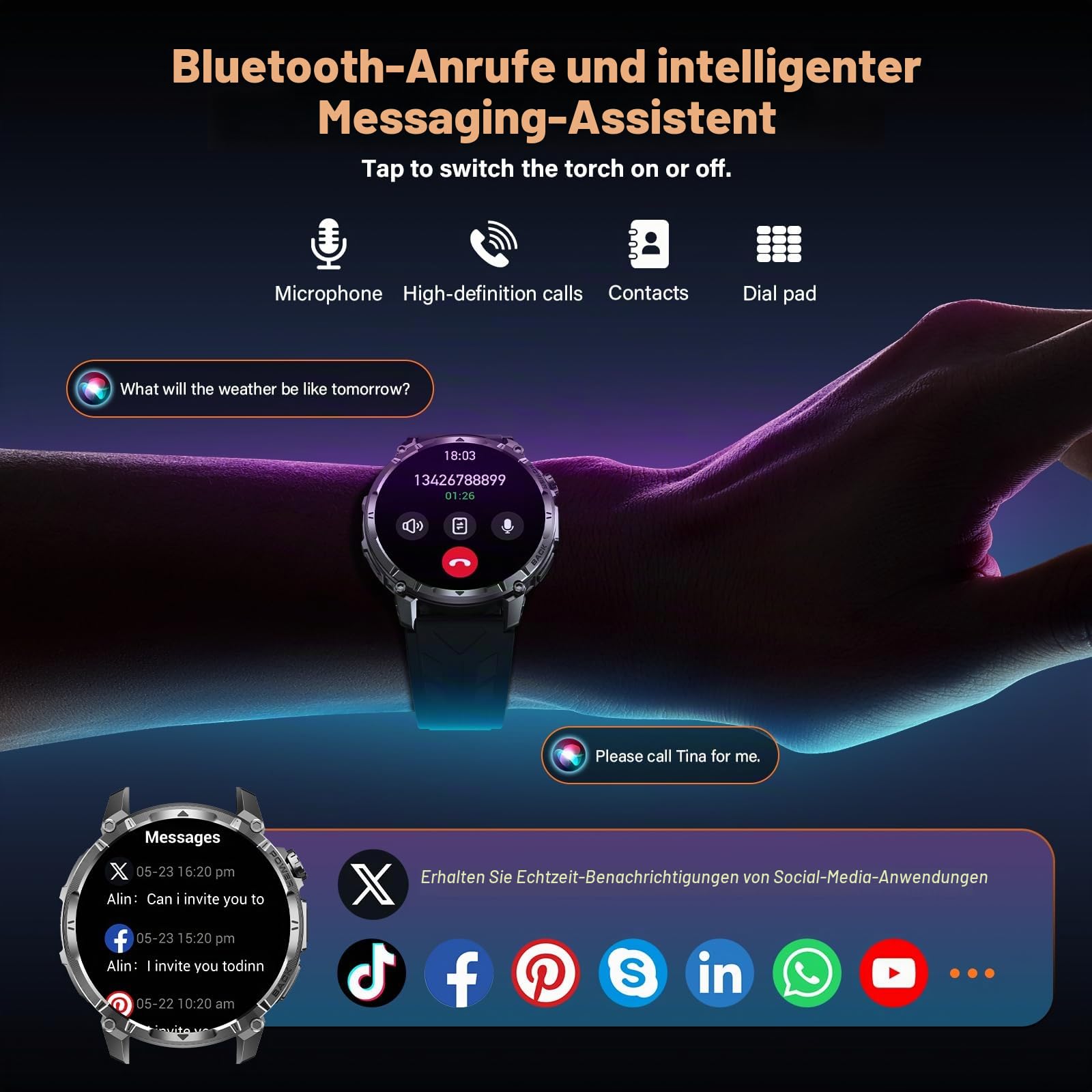 SLOKSFil Militär Smartwatch Herren mit 1000 mAh Akku/LED-Licht, 1.7" HD Touch Display Fitnessuhr mit Telefonfunktion, Pulsmesser SpO2 Schlafmonitor IP68 110+ Sportmodi, für Android iOS (Stahlband)