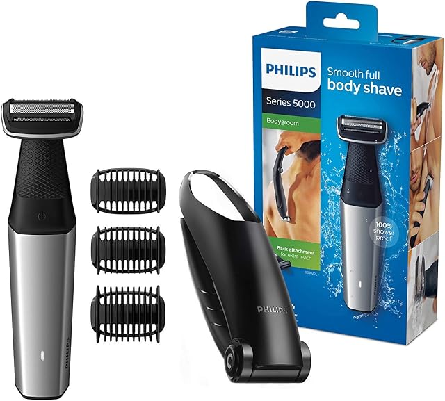 Philips BG5020/15 Bodygroom Series 5000 with Back Hair Removal Attachment and 3 Comb Attachments for Trimming, Black/Silver