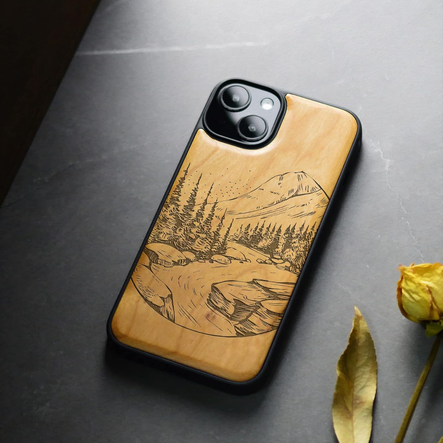 Carveit Magnetic Wood Case for iPhone 14 Case [Natural Wood & Black Soft TPU] Unique & Classy Wooden Shockproof Protective Cover Compatible with magsafe (Natural Landscape -Cherry)
