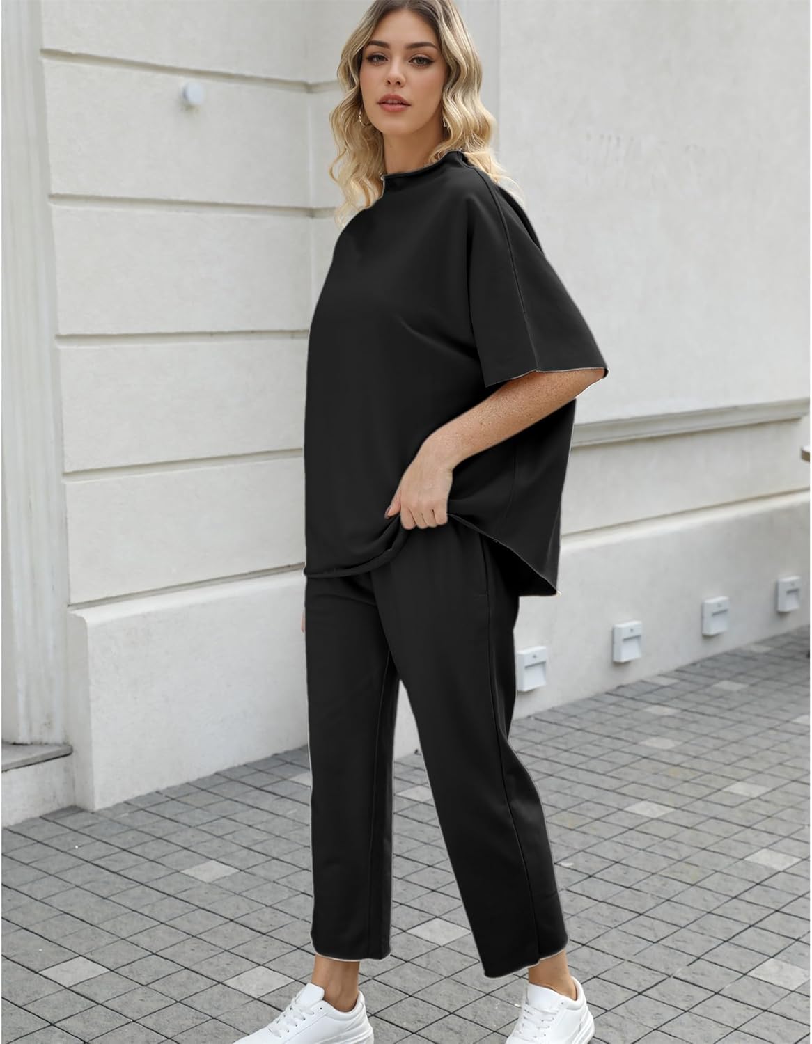 Women's Two Piece Outfits 3/4 Batwing Sleeve Capelet Crew Neck Pullover Top Wide Leg Pants Lounge Set - Image 4