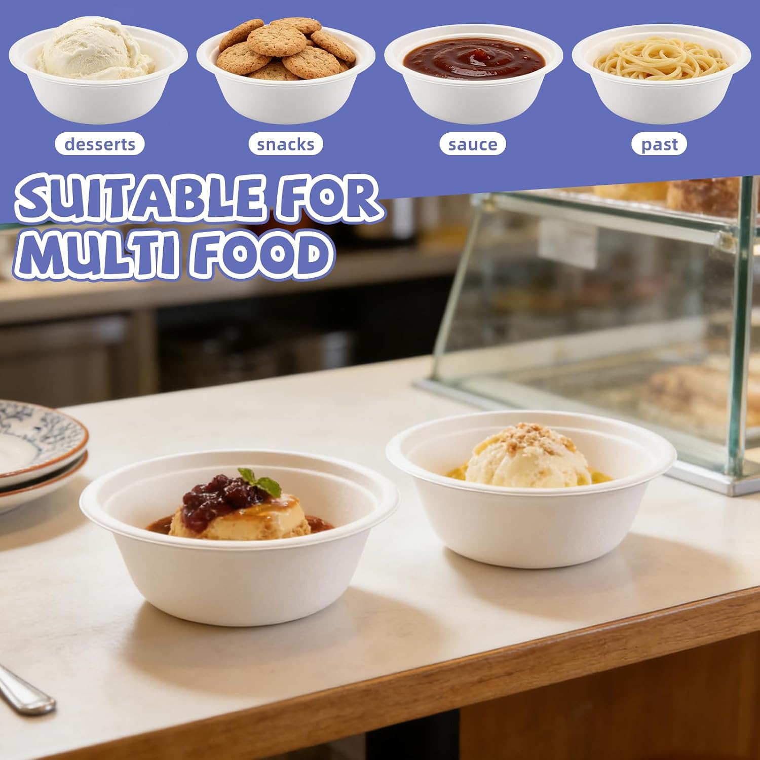 Oomcu 100 Pack 12oz White Paper Bowls, Disposable Compostable Bowls image 4
