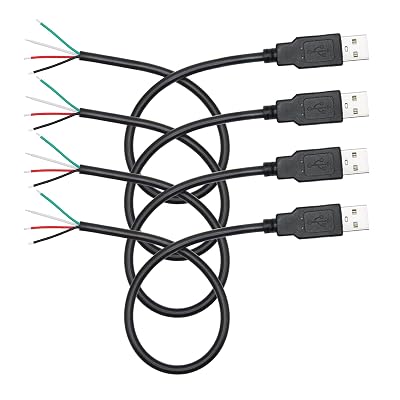 4Pcs Short USB A Male to 4 Pin Bare Wire 11inch, 22AWG 5V/3A USB A Male Plug 4 Pin Pigtail Wire Open End Power and Data Cable, for USB Type A Equipment Installed or Replacement Repair DIY Cable
