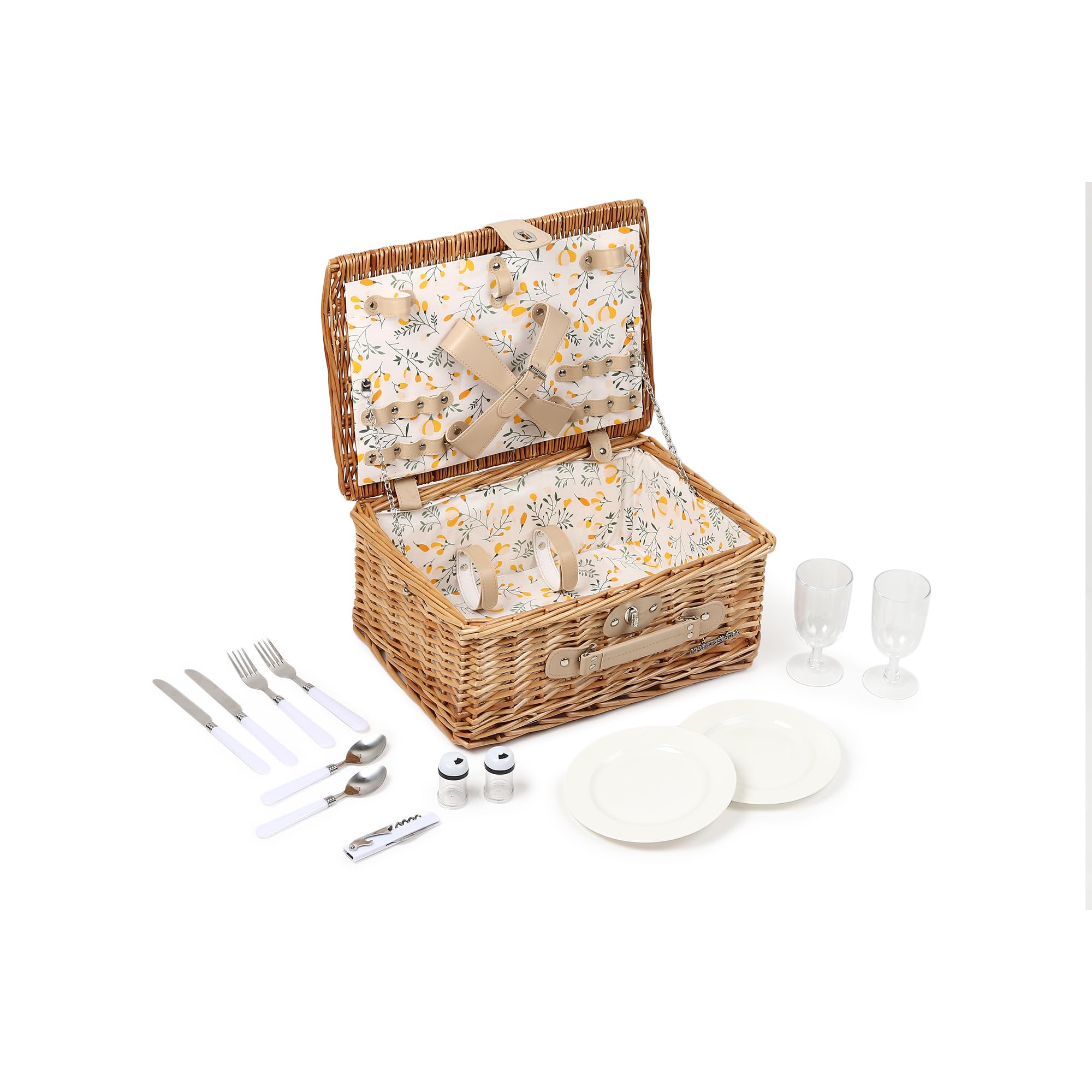 Habere India-All The Cultures Fabricating India Vintage-Style Wicker Picnic Hamper | Wicker Lunch Basket For 2 | Picnic Basket With Utensils Cutlery - Rectangular, Brown (L41xW17xH29cm) 3