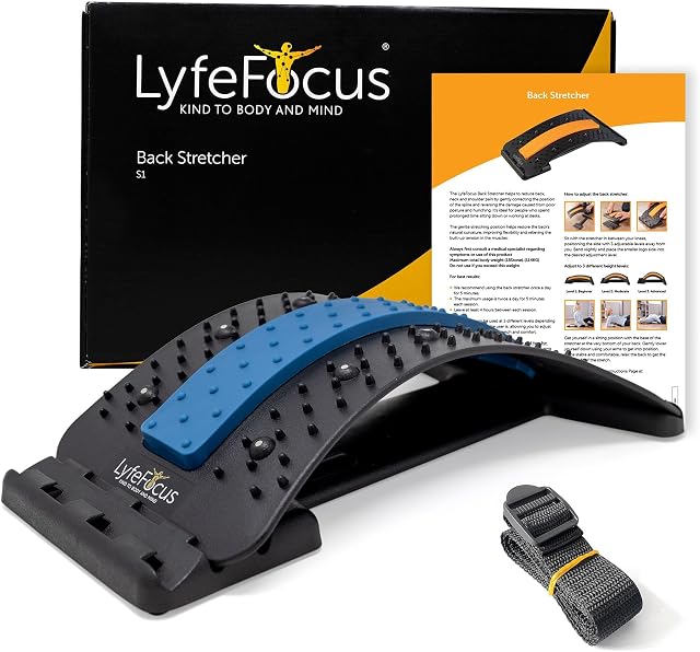 LyfeFocus Back Stretcher & Acupressure Massager, Spine Board, Blue | Back & Neck Pain Relief, Adjustable Spine Stretcher & Posture Corrector, Lumbar Support, Magnetic Therapy, Chair Strap