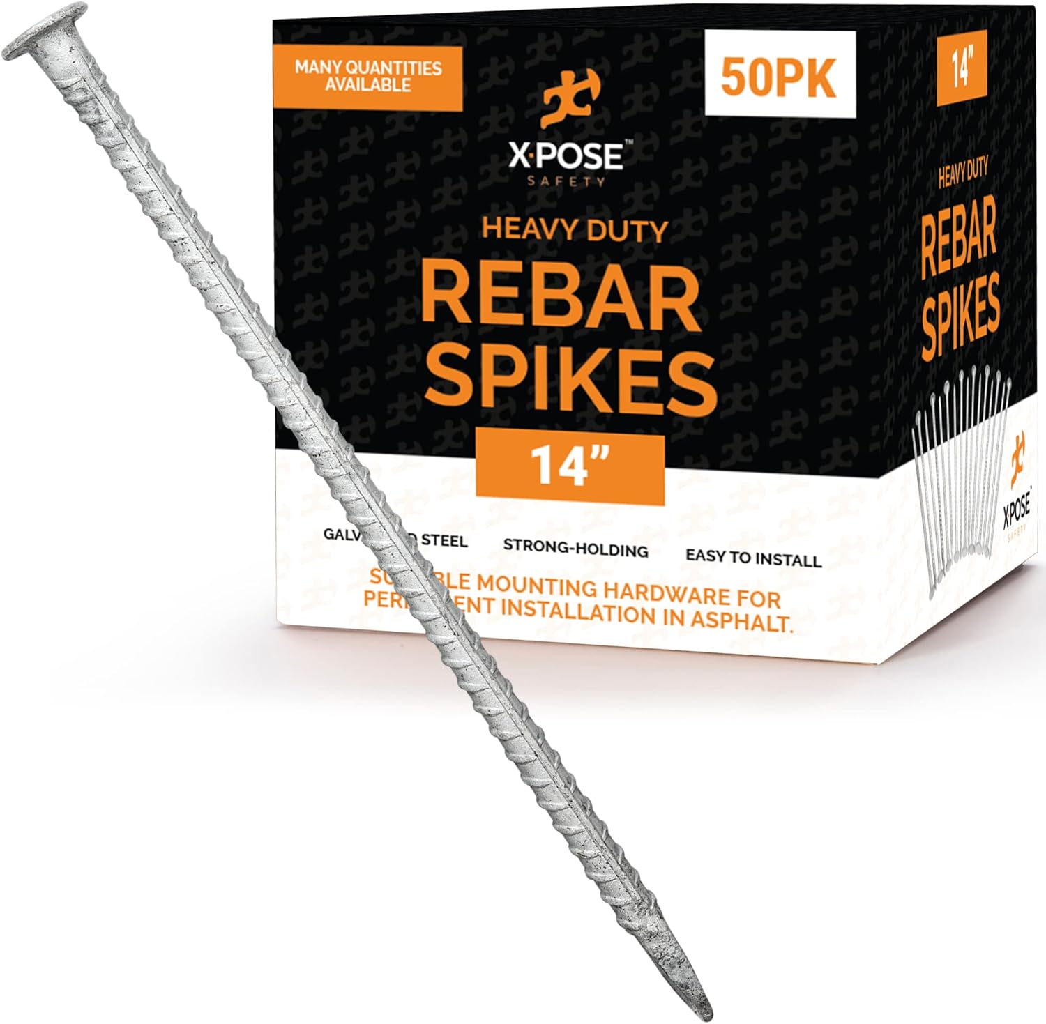 Rebar Stakes - 14 Inch Metal Spikes for Asphalt 1/2 Inch Diameter - 50 Pack Ground Stakes Heavy Duty for Speed Bump, Wheel Stop - Threaded Galvanized Steel Stakes - Rebar Support Estacas de Metal