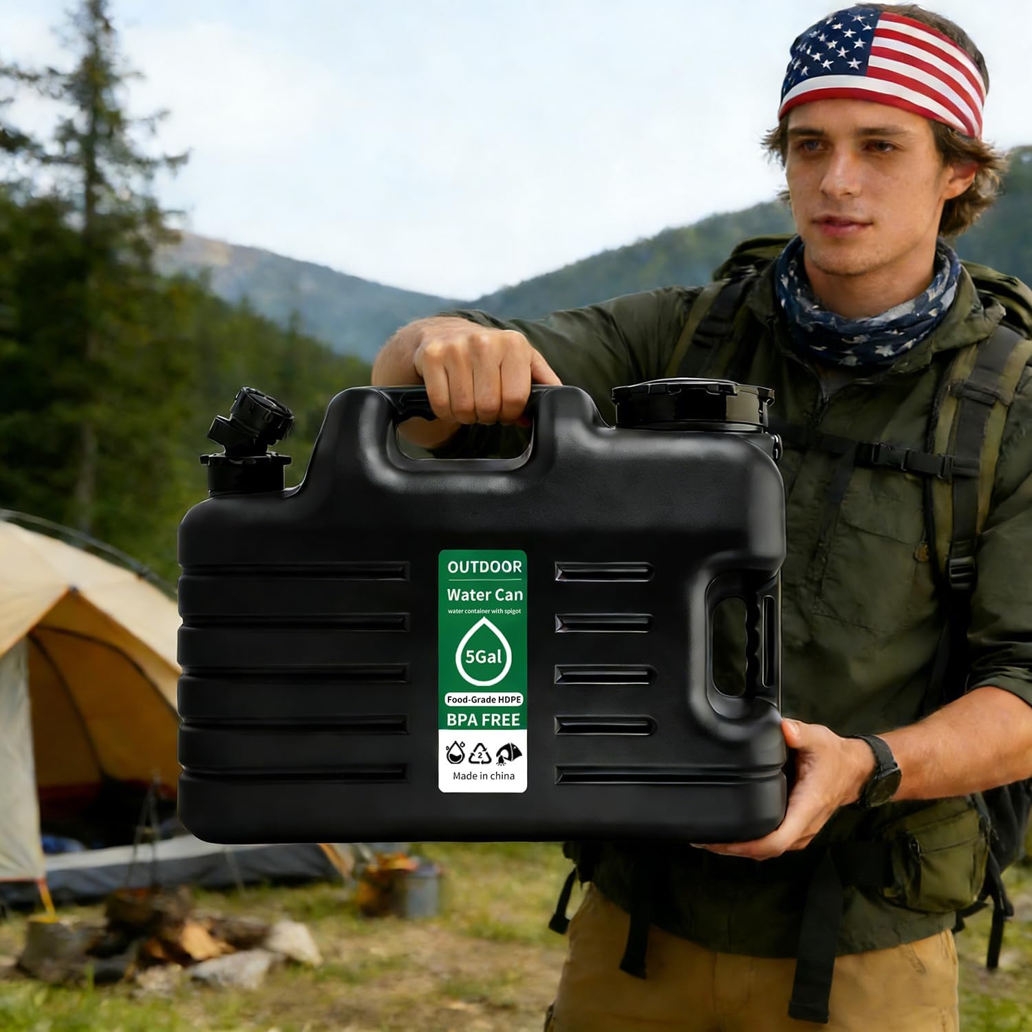 5 Gallon Water Jug with Multi-Purpose Shoulder Strap, BPA Free Food Grade HDPE Outdoor Water Container, Leak-Proof Rotary Spigot, Portable Water Can for Camping, Hiking, RV & Emergency Preparedness