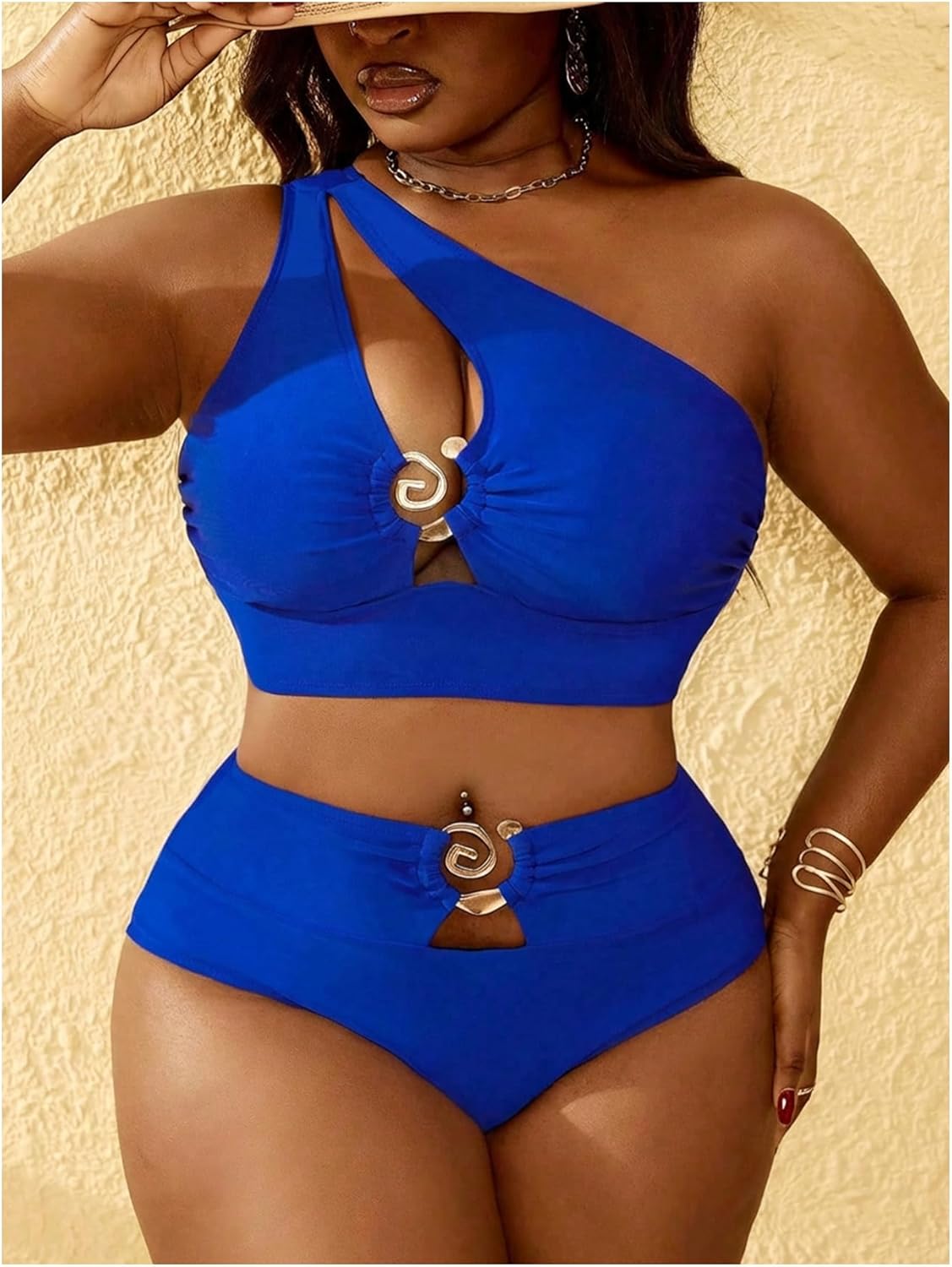 SOLY HUX Women's Plus Size Ring Bikini Sets One Shoulder High Waist Swimwear Cut Out Two Piece Swimsuit