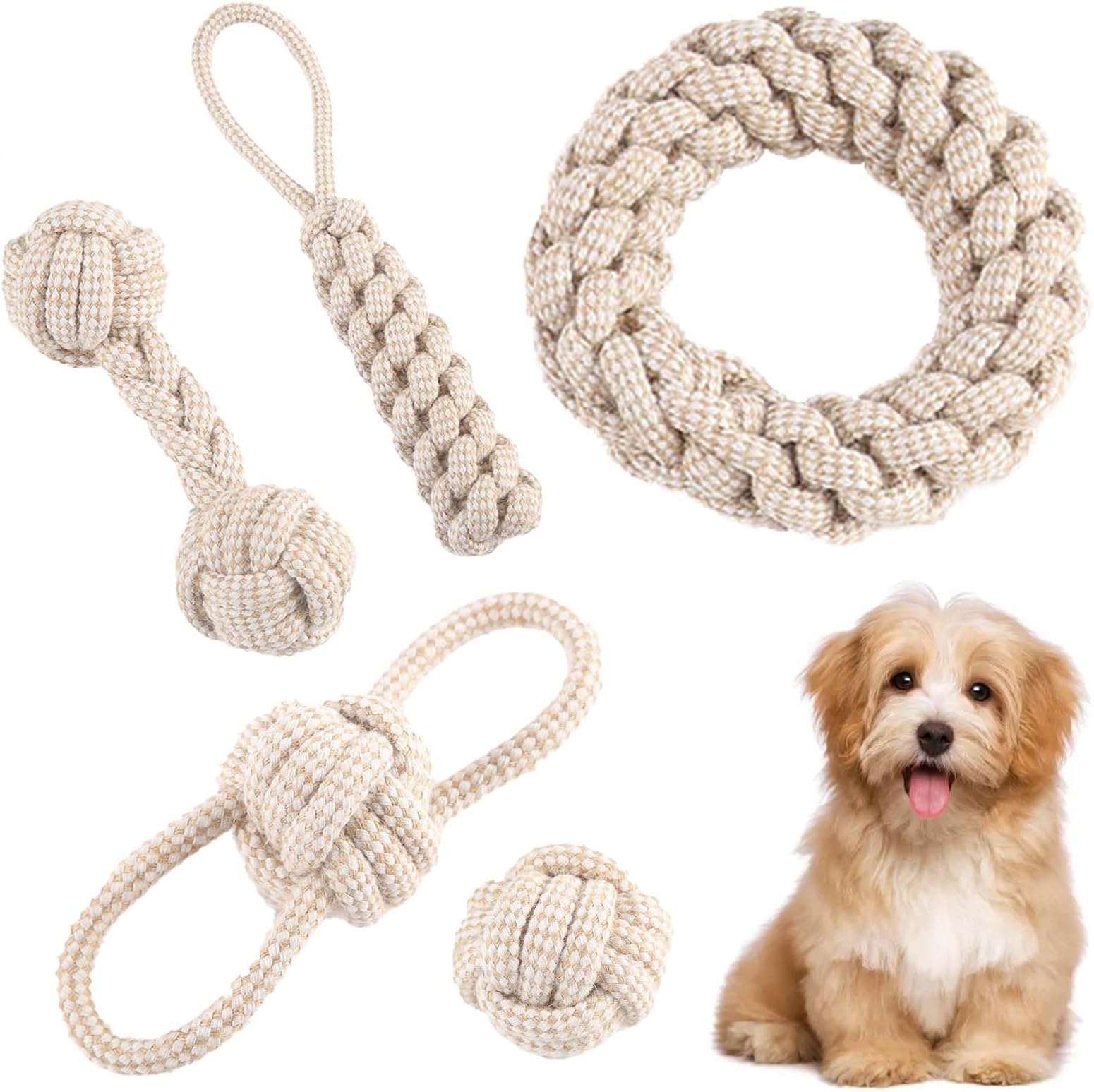 Fida Robustes Hundespielzeug Aus Naturbaumwolle – 4-teiliges Set Mit Ball, Ring, Knoten & Twist Für Große Hunde & Starke Kauer