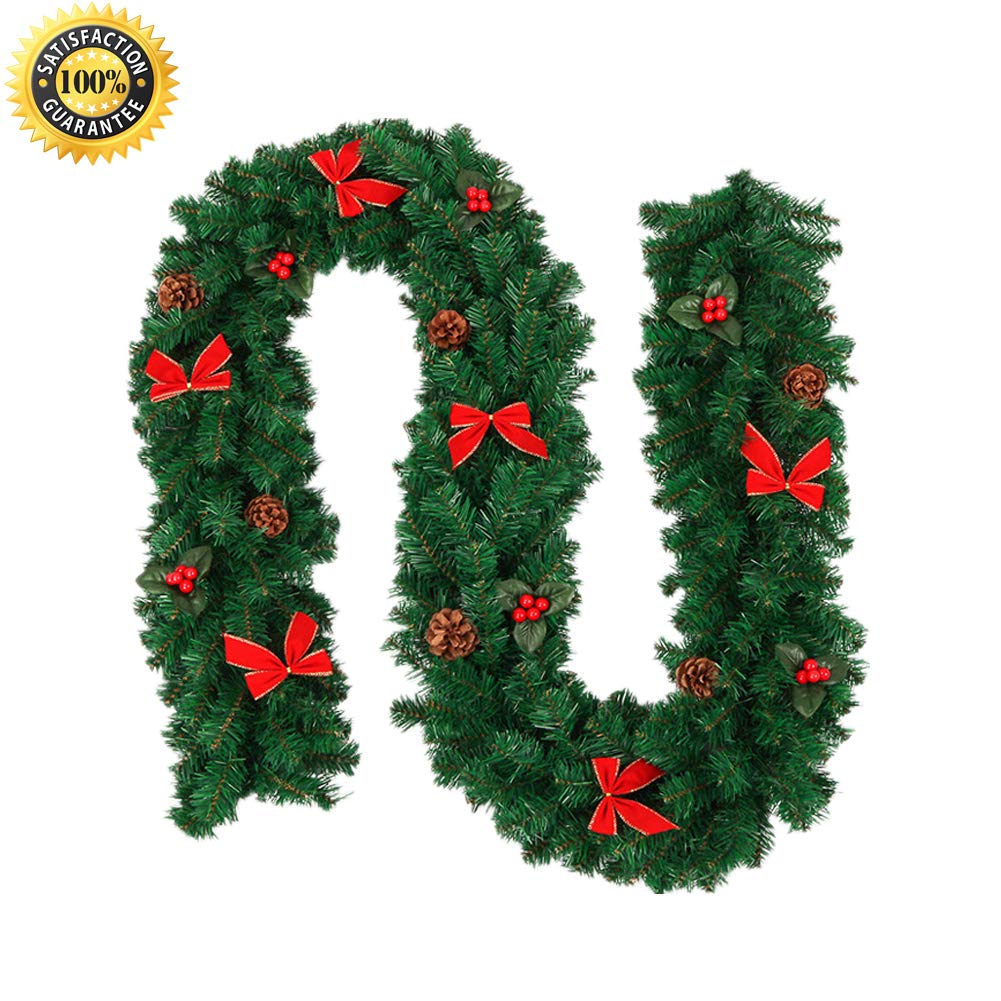 Morbuy Christmas Garland Decorations, 2.7M Fireplaces Stairs Pine ConeDecorated Garlands 8 Mode Wreath LED Lights Illuminated Baubles Flower Ball Xmas Tree Festive Décor (B-No lights)