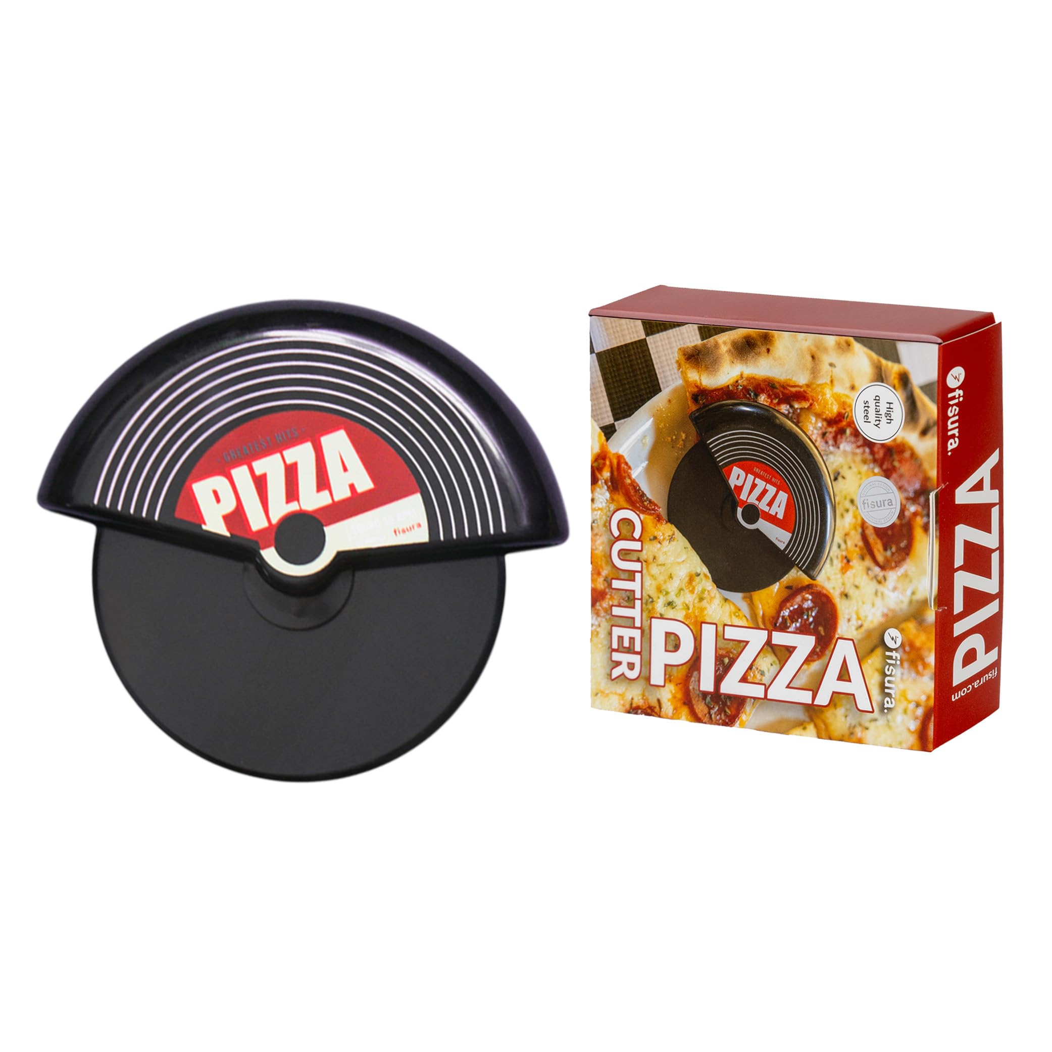 Fisura - “Vinyl” Pizza Cutter Wheel – Stainless Steel Pizza Slicer with Ergonomic Handle – Funny Kitchen Gadget & Original Gift