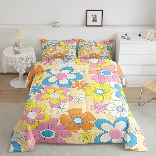 Juego de ropa de cama de flores Groovy de los años 70, tamaño individual, hippie, colorido, retro, floral, lindo, juego de edredón vintage con