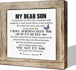 Wooden Box Signs for Home Decor - Meaningful Gift for Son On Wedding Day, Graduation or Adult Birthday - Sentimental Poem to Son - 'I Will Always Carry You In My Heart'