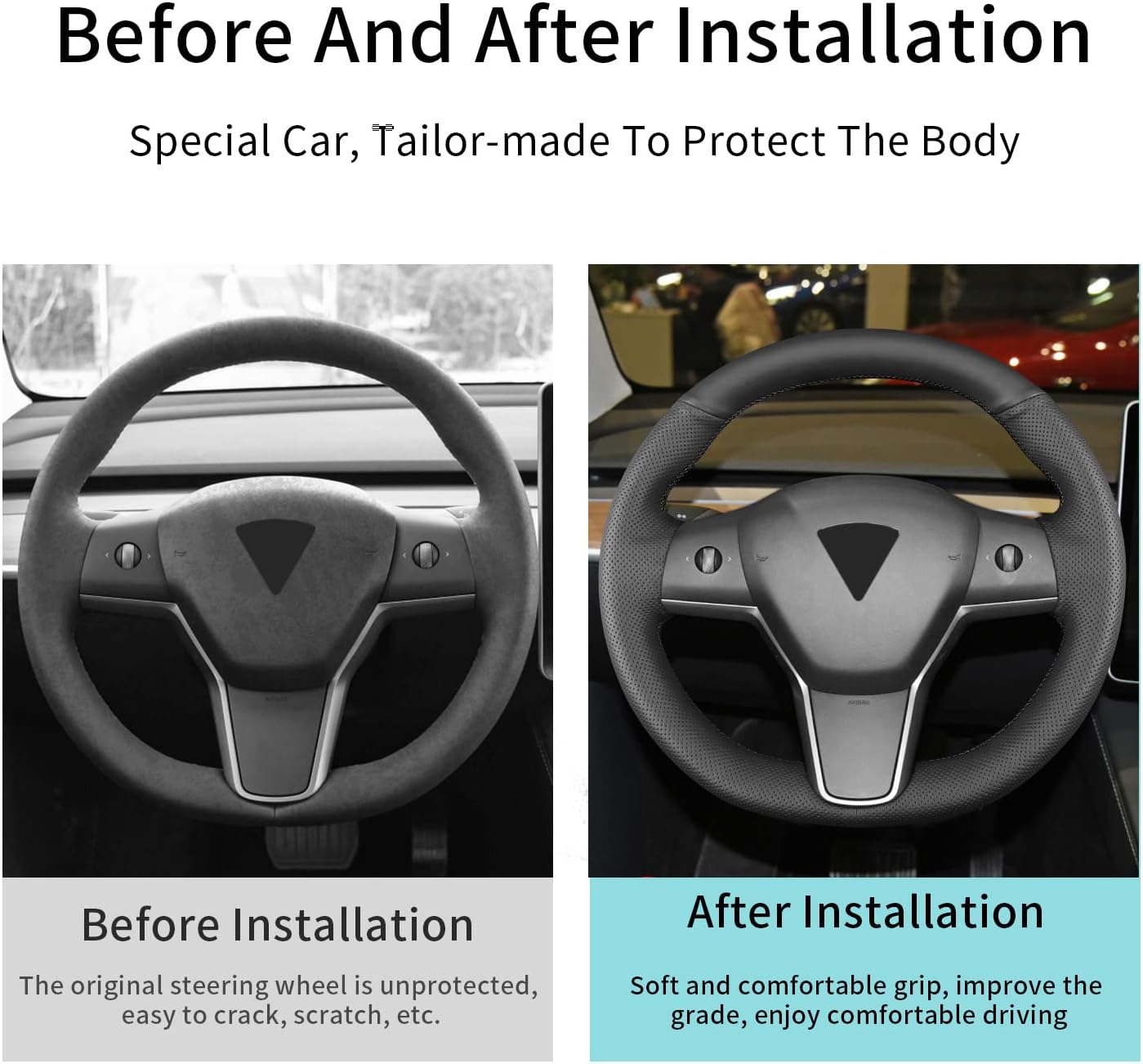 Hand Sewn Steering Wheel Cover,Fit for Tesla Model 3 2017-2023/Model Y 2020-2023,Non-Slip Breathable Microfiber Leather Steering Wheel Cover On Wrap Car Interior Accessories