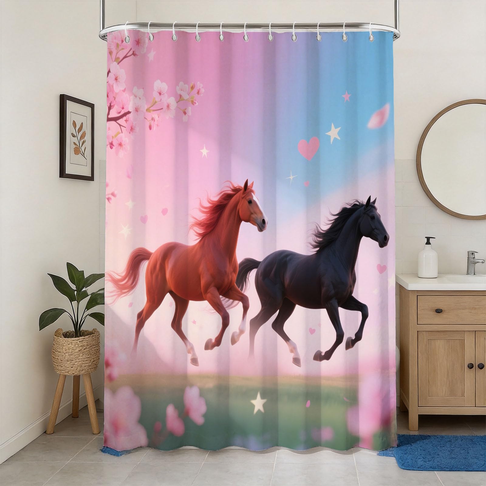 Hongduo 3D Horses Shower Curtain for Stalls Bathtubs Pink Blue Gradient Bathroom Decor Shower Curtain Set Polyester Fabric Waterproof 180x180cm/71X71 Inch with Hooks