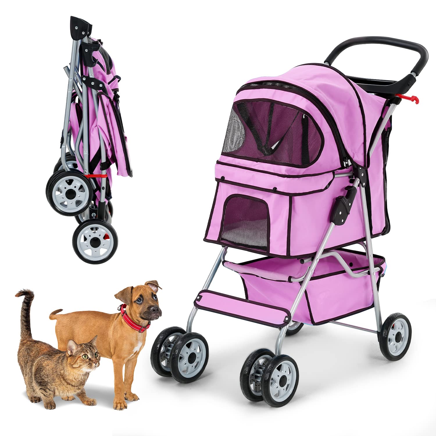 Pet Stroller for Small Medium Dogs, 4 Wheels Folding Travel Carrier Cage Strolling Cart with Cup Holder and Removable Liner 35lbs Capacity Large