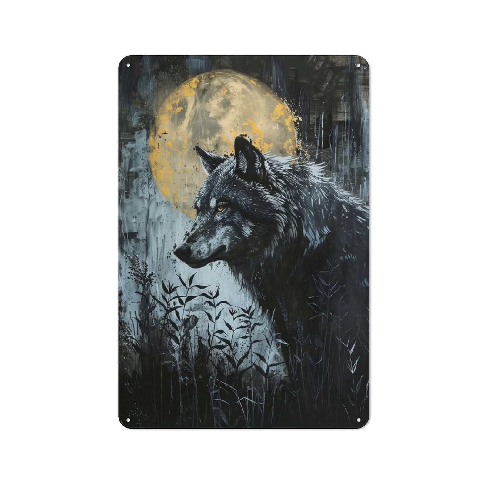 Junmoney Style-14 Wolf And Moon Painting Urban Metal Wall Decor 30X20cm, Metal Wall Art Sign For Loft, Studio, Office Or Creative Room