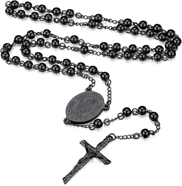 FaithHeart Rosary Beads Catholic Necklace for Women Saint Christopher/Michael/Virgin Mary Pendant Stainless Steel Crucifix Cross Charm Extra Long Chain Christian Amulet (6 Colours)