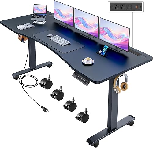 Miniatura 9 de Escritorio eléctrico de pie con ruedas, escritorio de pie de 63 x 24 pulgadas, altura ajustable con estación de carga, 2 puertos USB, 3 tomas de