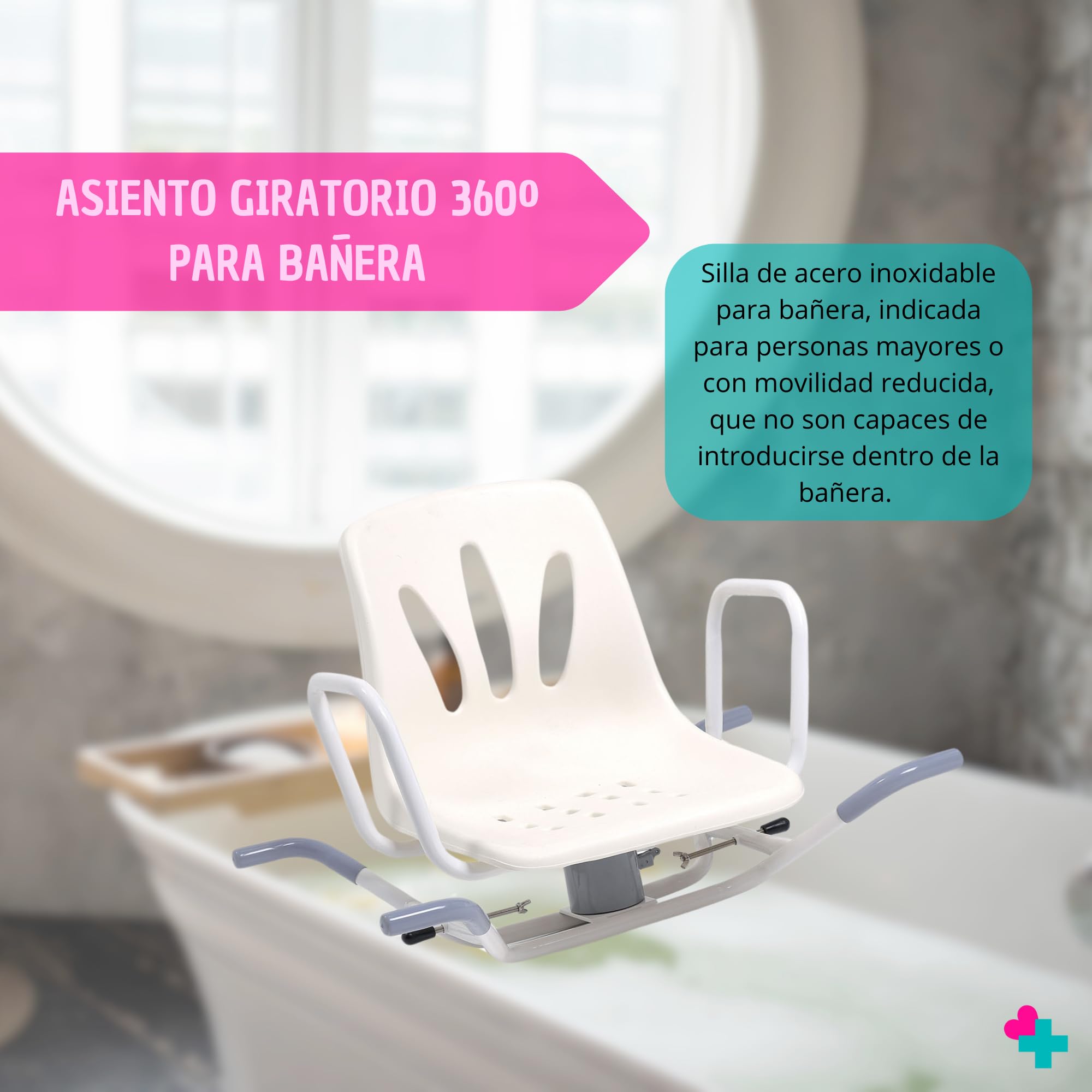 Asiento Giratorio 360º para Bañera. Asiento Giratorio Bañera Personas Mayores y Personas con Movilidad Reducida. Asiento para Bañera de Acero Inoxidable Sin Obras 4 Posiciones.