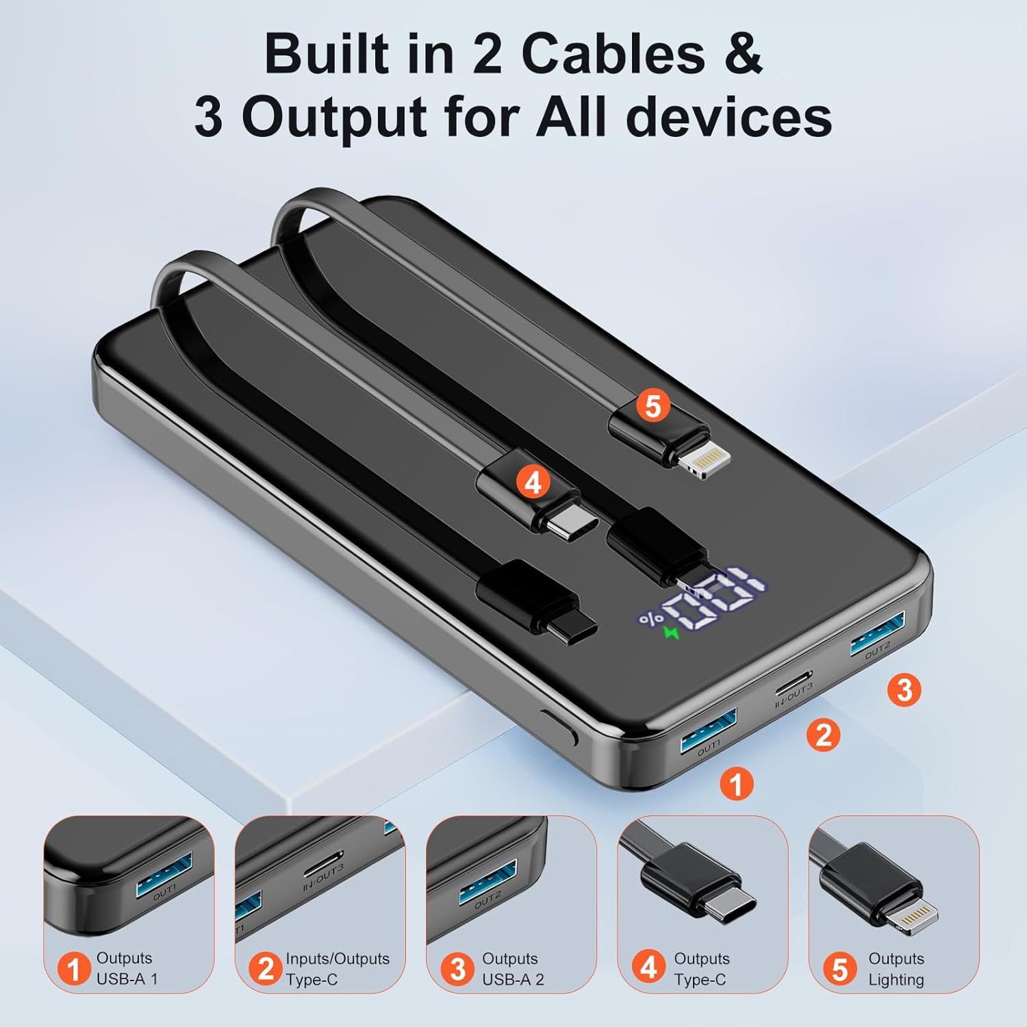 Portable Charger with Built in Cables, 25000mAh Power Bank Fast Charging 5 Output 2 Input with LED Display Slim External Battery Pack Compatible with Cellphones Tablets and More - Image 2