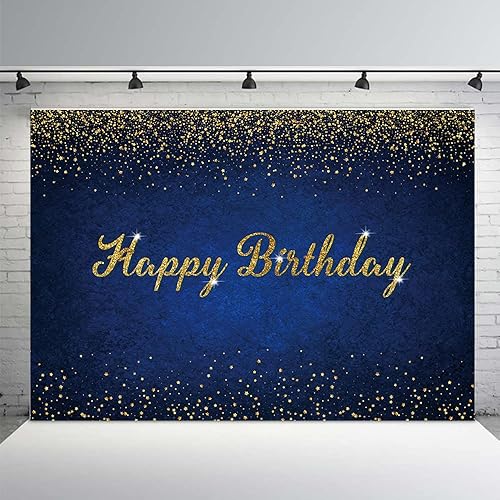 MEHOFOND Telón de fondo azul y dorado de feliz cumpleaños con puntos dorados con purpurina azul real para mujeres, hombres y niños, decoración de